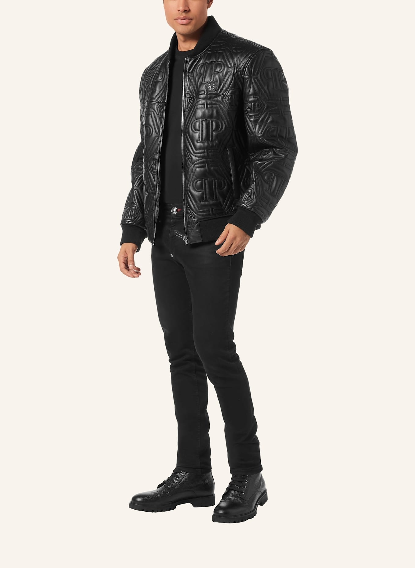 PHILIPP PLEIN Leder-Bomber MONOGRAM: SCHWARZ