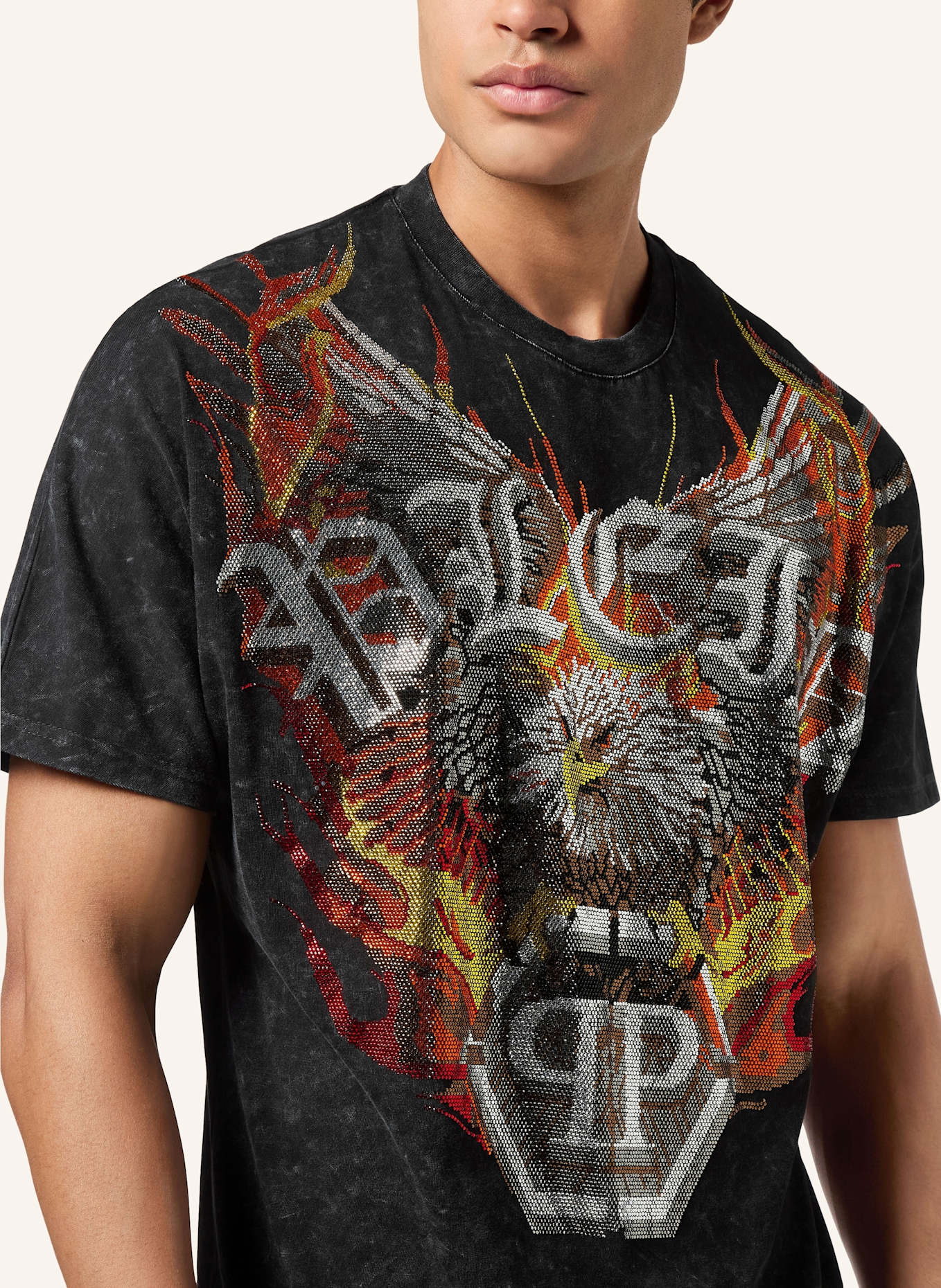 PHILIPP PLEIN T-Shirt Kimono Schnitt Rundhalsausschnitt EAGLE: SCHWARZ