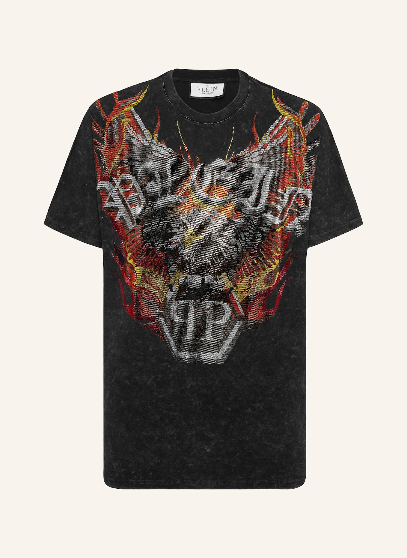 PHILIPP PLEIN T-Shirt Kimono Schnitt Rundhalsausschnitt EAGLE: SCHWARZ