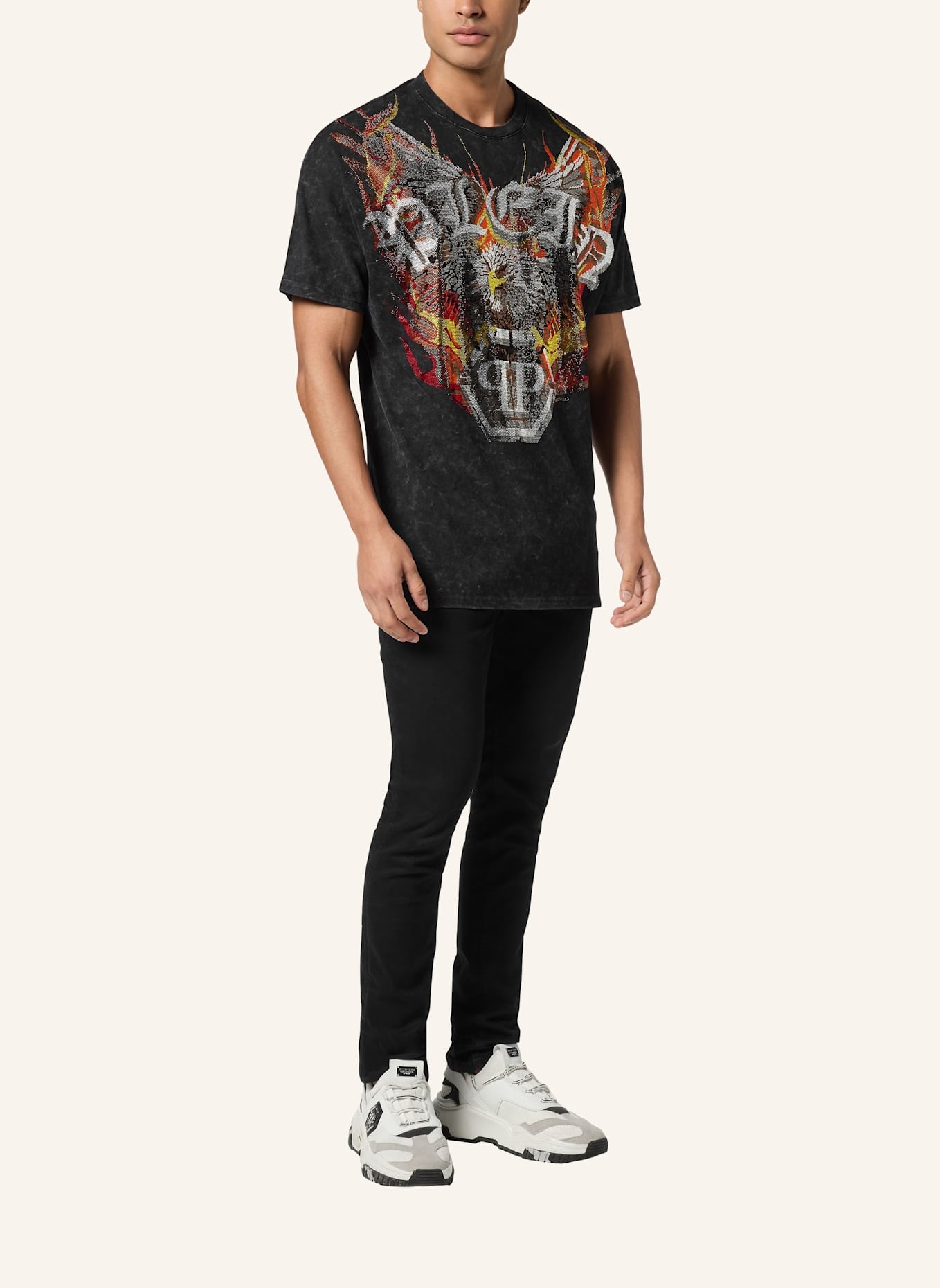 PHILIPP PLEIN T-Shirt Kimono Schnitt Rundhalsausschnitt EAGLE: SCHWARZ