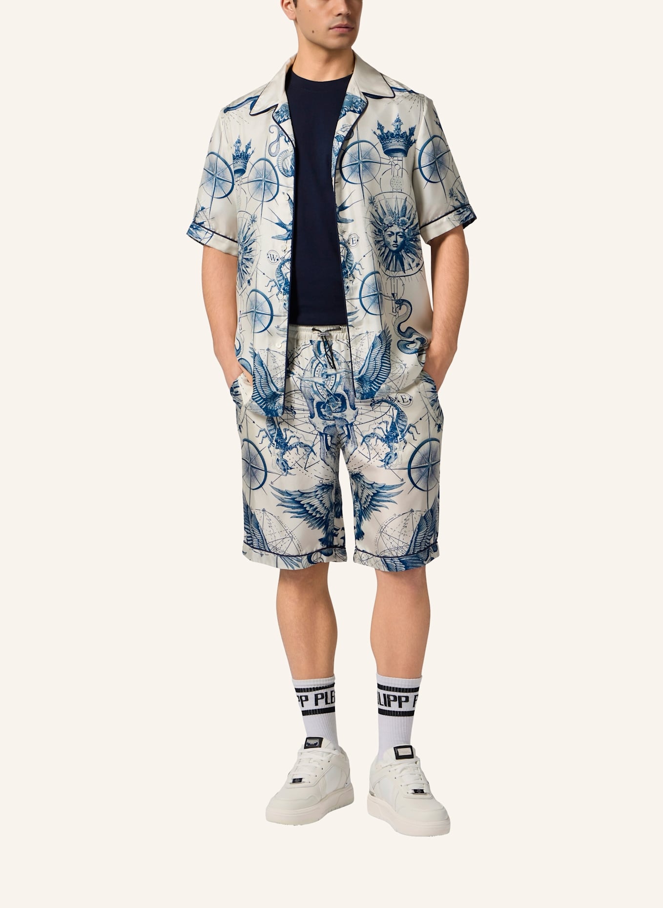 PHILIPP PLEIN PHILIPP PLEIN Silk Bowling Shorts All-Over Tattoo: SCHWARZ