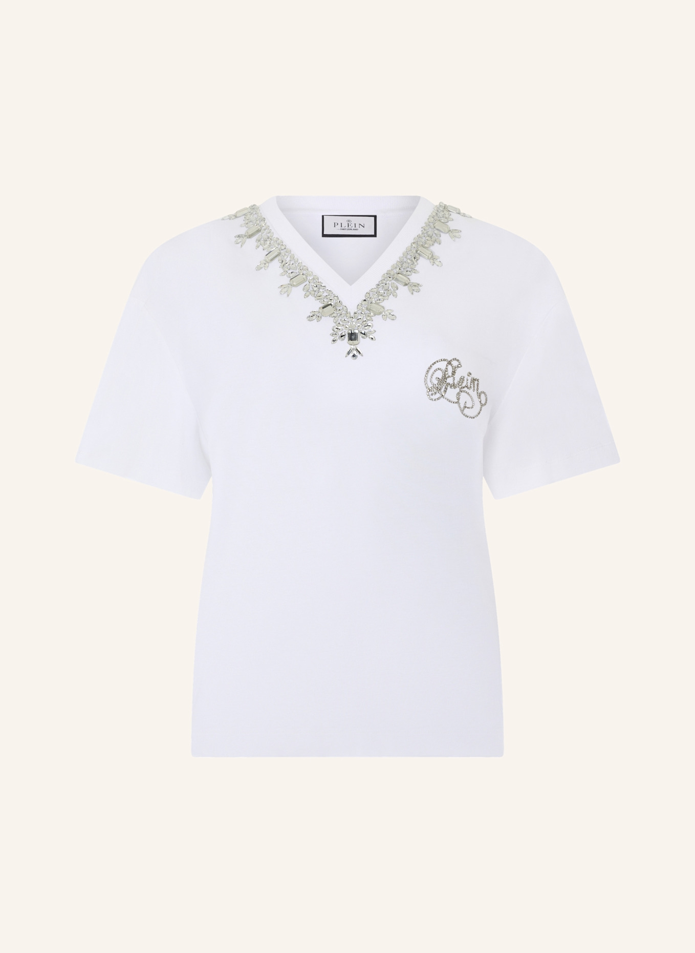 PHILIPP PLEIN PHILIPP PLEIN Man Fit V-Neck T-Shirt Crystals: WEISS