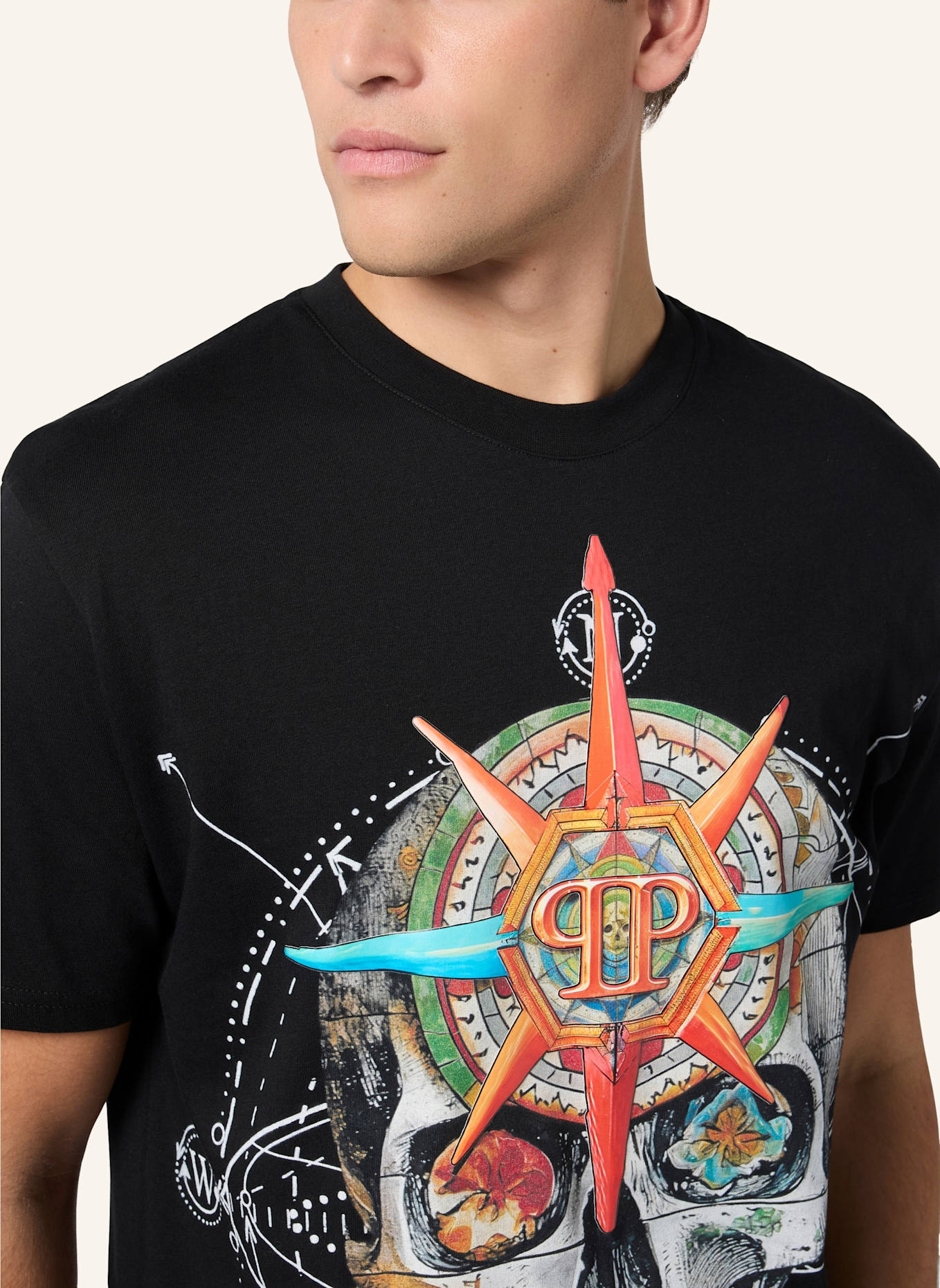 PHILIPP PLEIN PHILIPP PLEIN Round Neck T-Shirt Wind Rose Skull: SCHWARZ