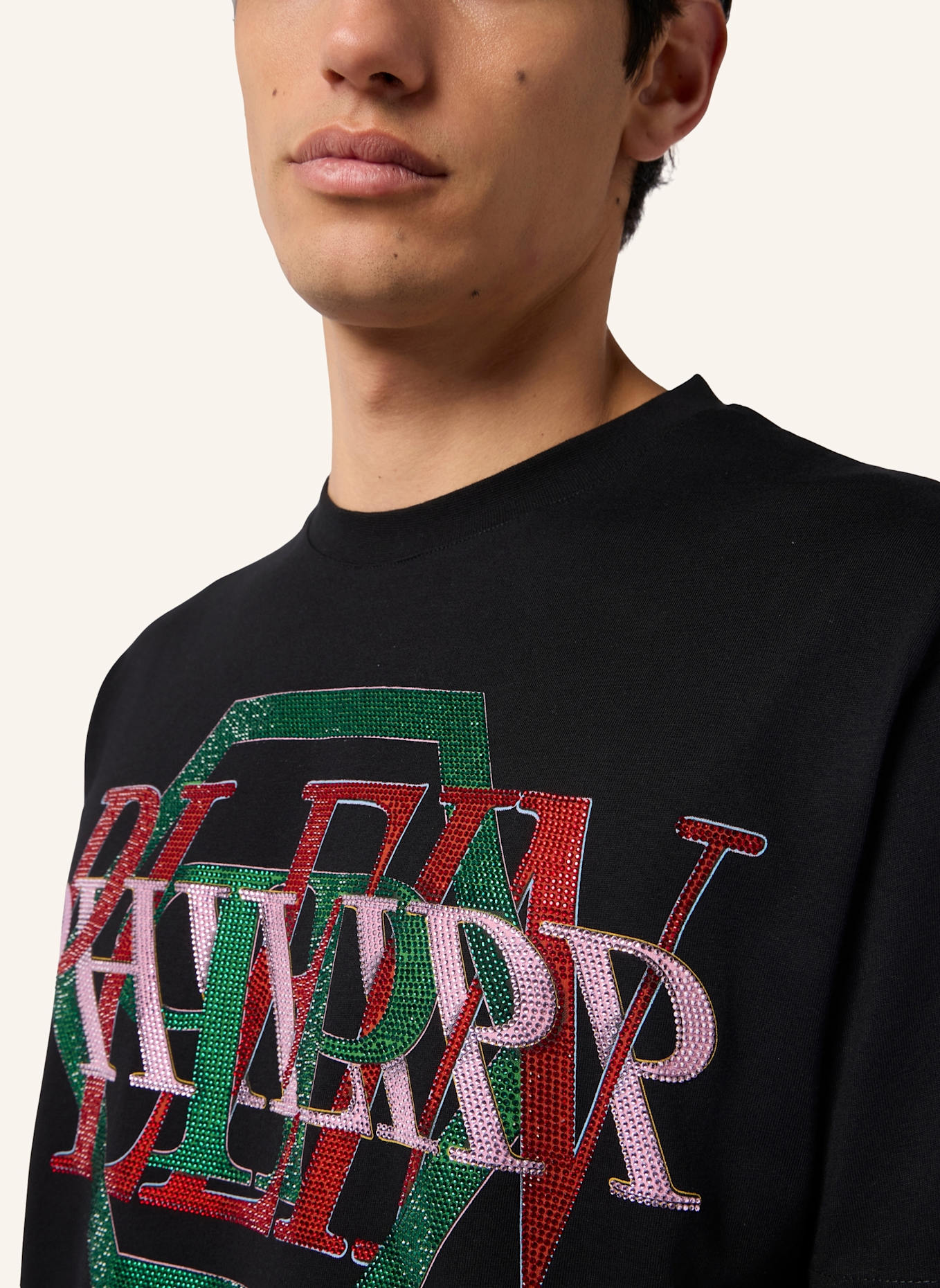 PHILIPP PLEIN PHILIPP PLEIN Round Neck T-Shirt Logo Hexagon Stones: SCHWARZ