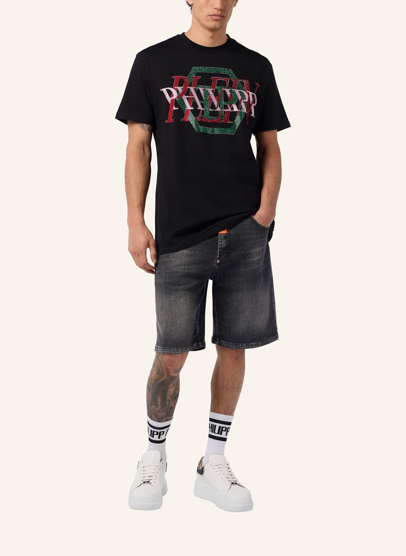 PHILIPP PLEIN PHILIPP PLEIN Round Neck T-Shirt Logo Hexagon Stones: SCHWARZ