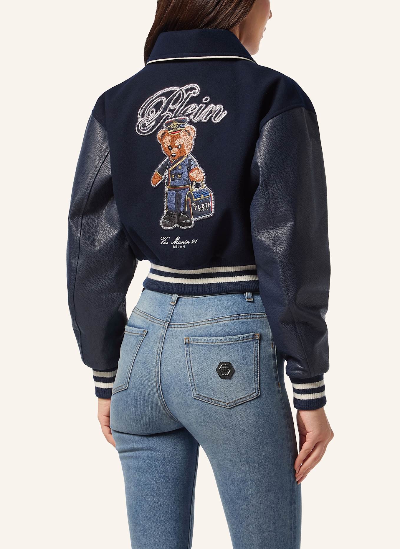 PHILIPP PLEIN Leder-Bomber TEDDY: DUNKELBLAU