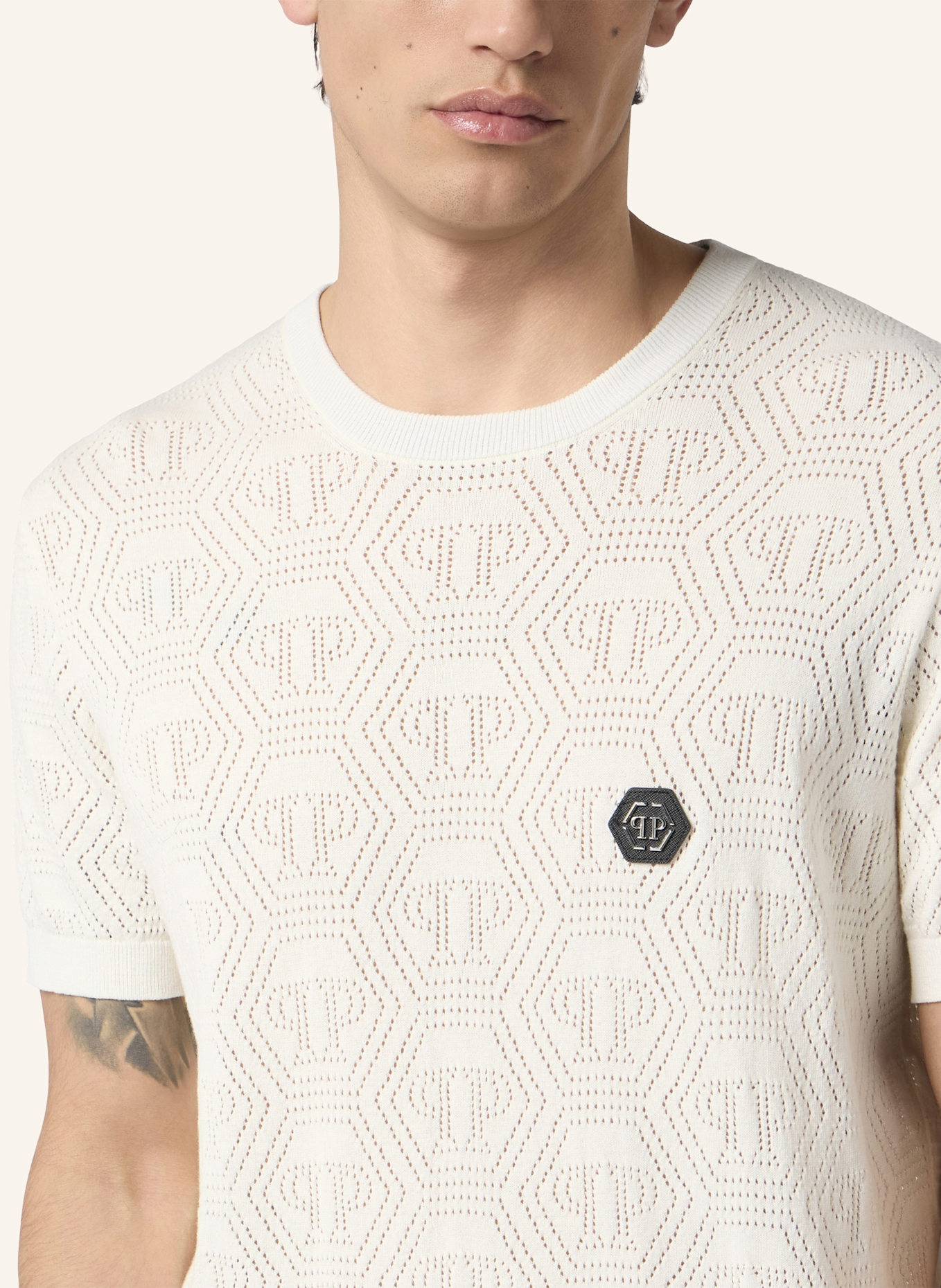 PHILIPP PLEIN PHILIPP PLEIN Round Neck T-Shirt Openwork Monogram: SCHWARZ