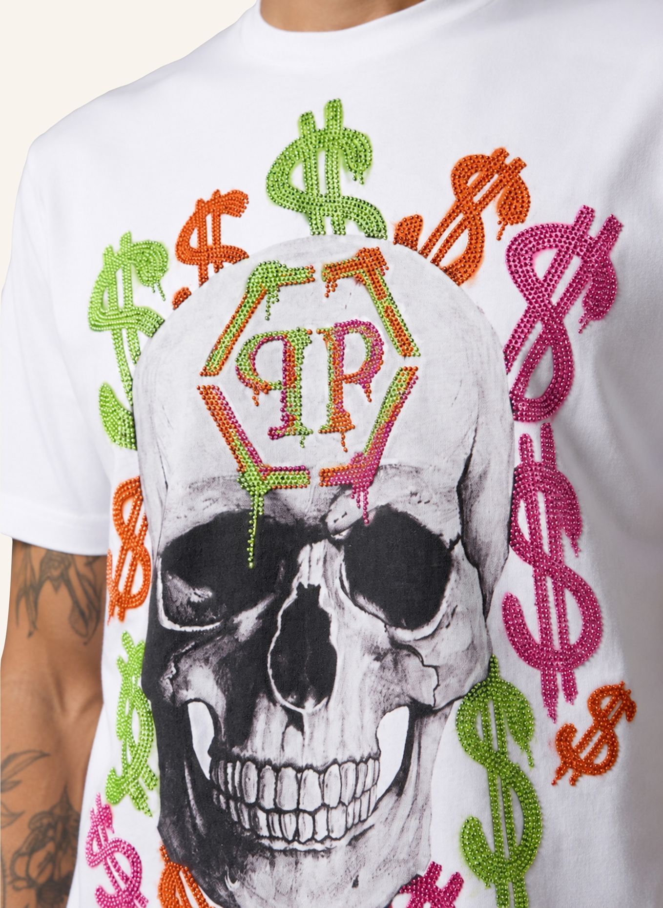 PHILIPP PLEIN Kurzarm-Rundhals-T-Shirt: WEISS