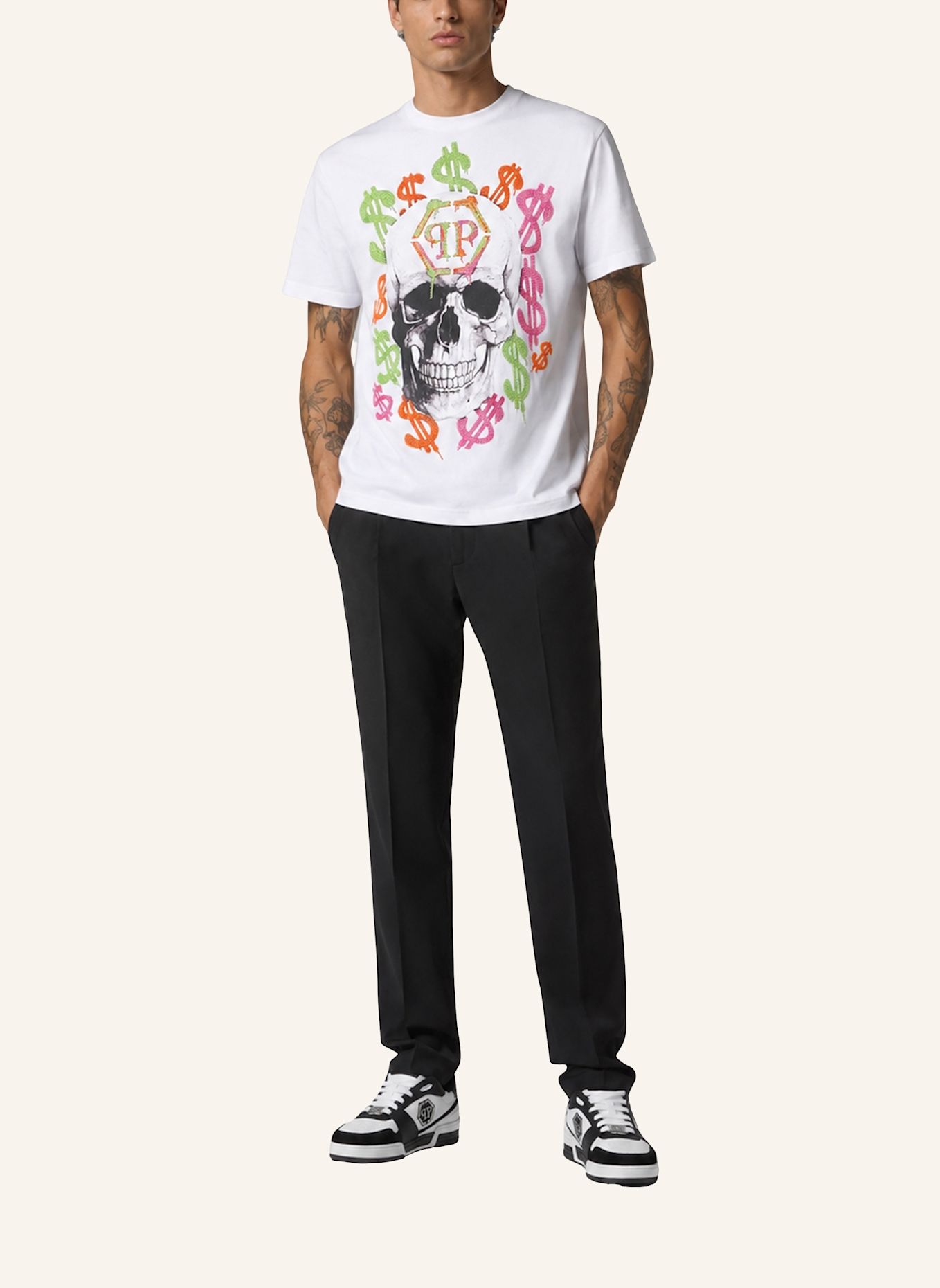 PHILIPP PLEIN Kurzarm-Rundhals-T-Shirt: WEISS