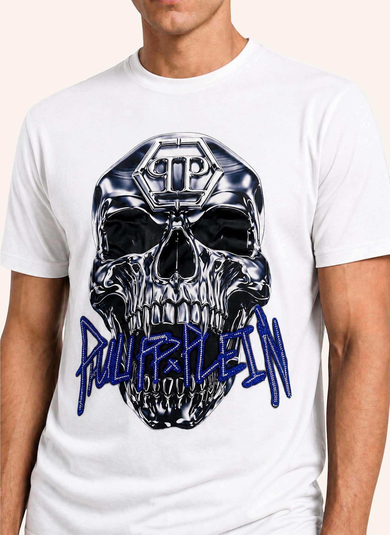 PHILIPP PLEIN Kurzarm-Rundhals-T-Shirt SKULL: WEISS