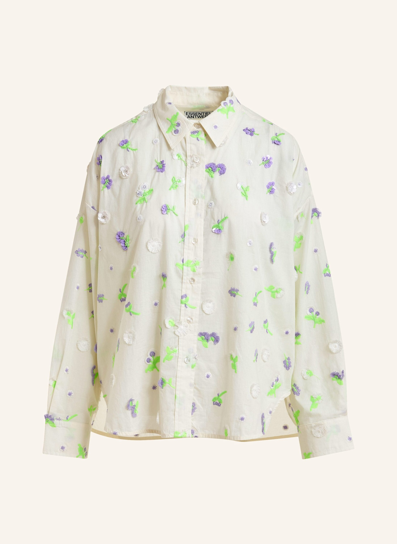 ESSENTIEL ANTWERP Hemdbluse JIMENA mit Pailletten und Stickereien: GRÜN/ BEIGE