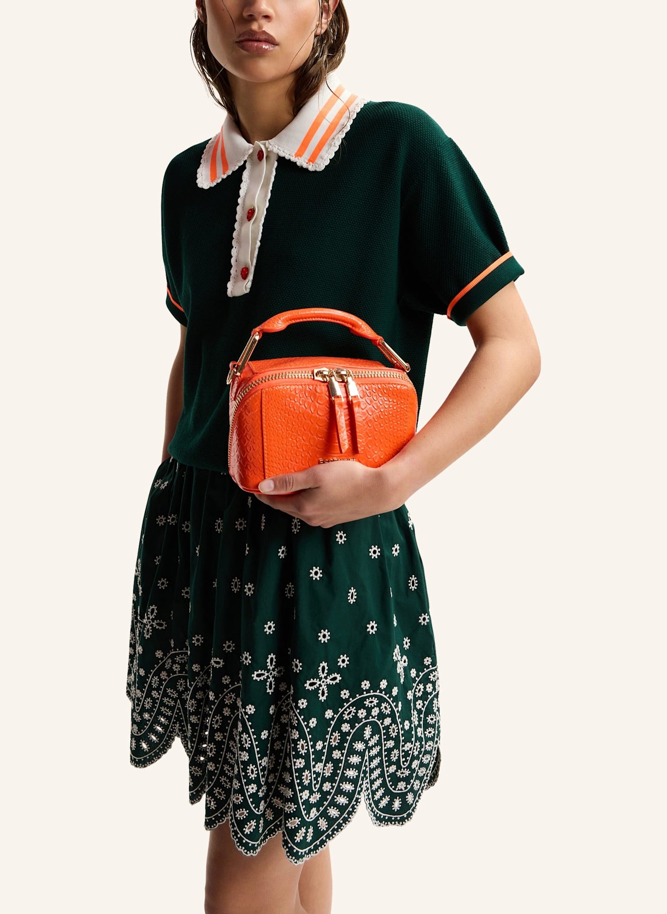 ESSENTIEL ANTWERP Strick-Poloshirt: ORANGE/ WEISS/ DUNKELGRÜN
