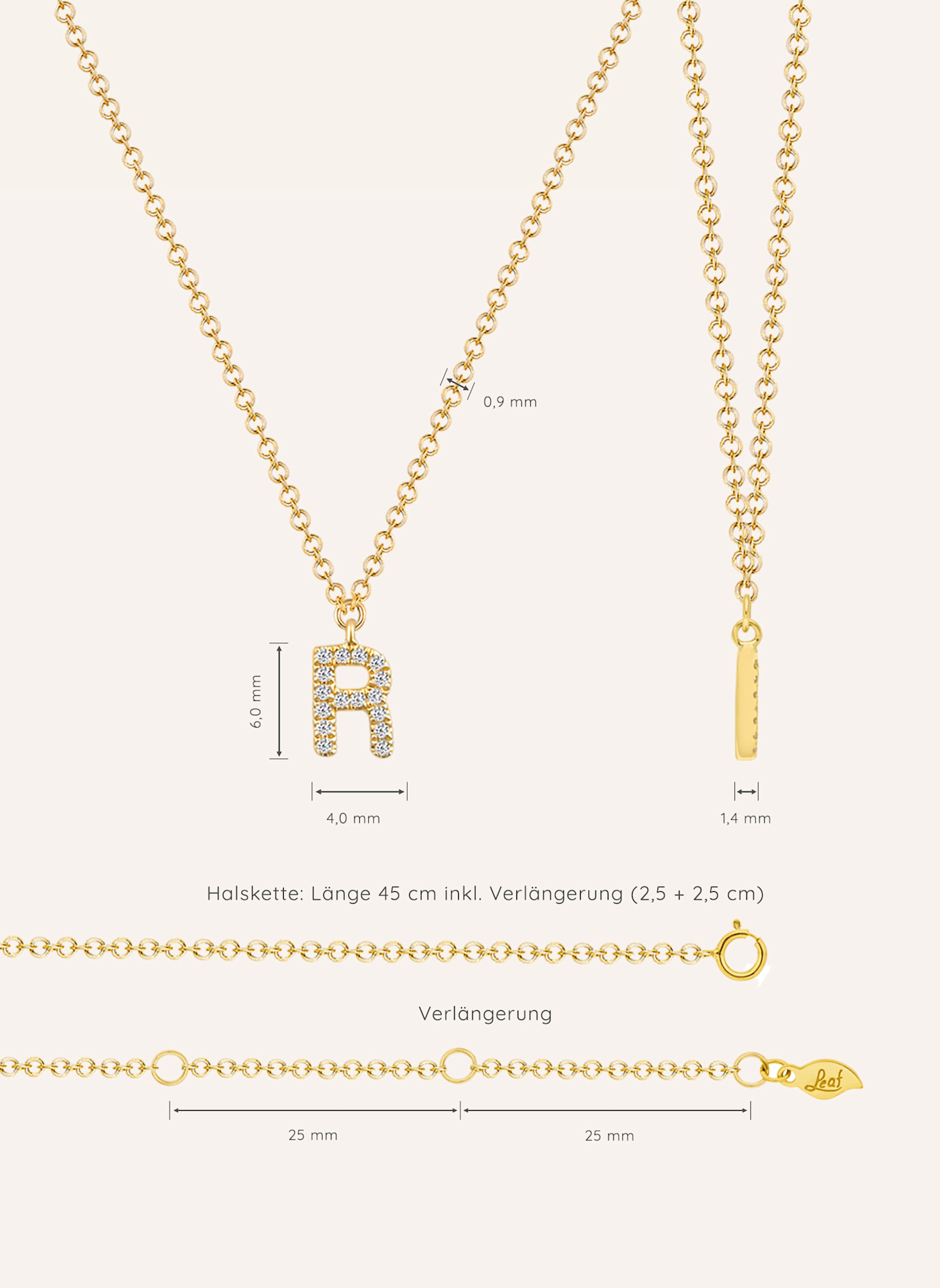 Leaf INITIALIEN Halskette „R“ aus 14 Karat Gelbgold mit Diamanten: GOLD