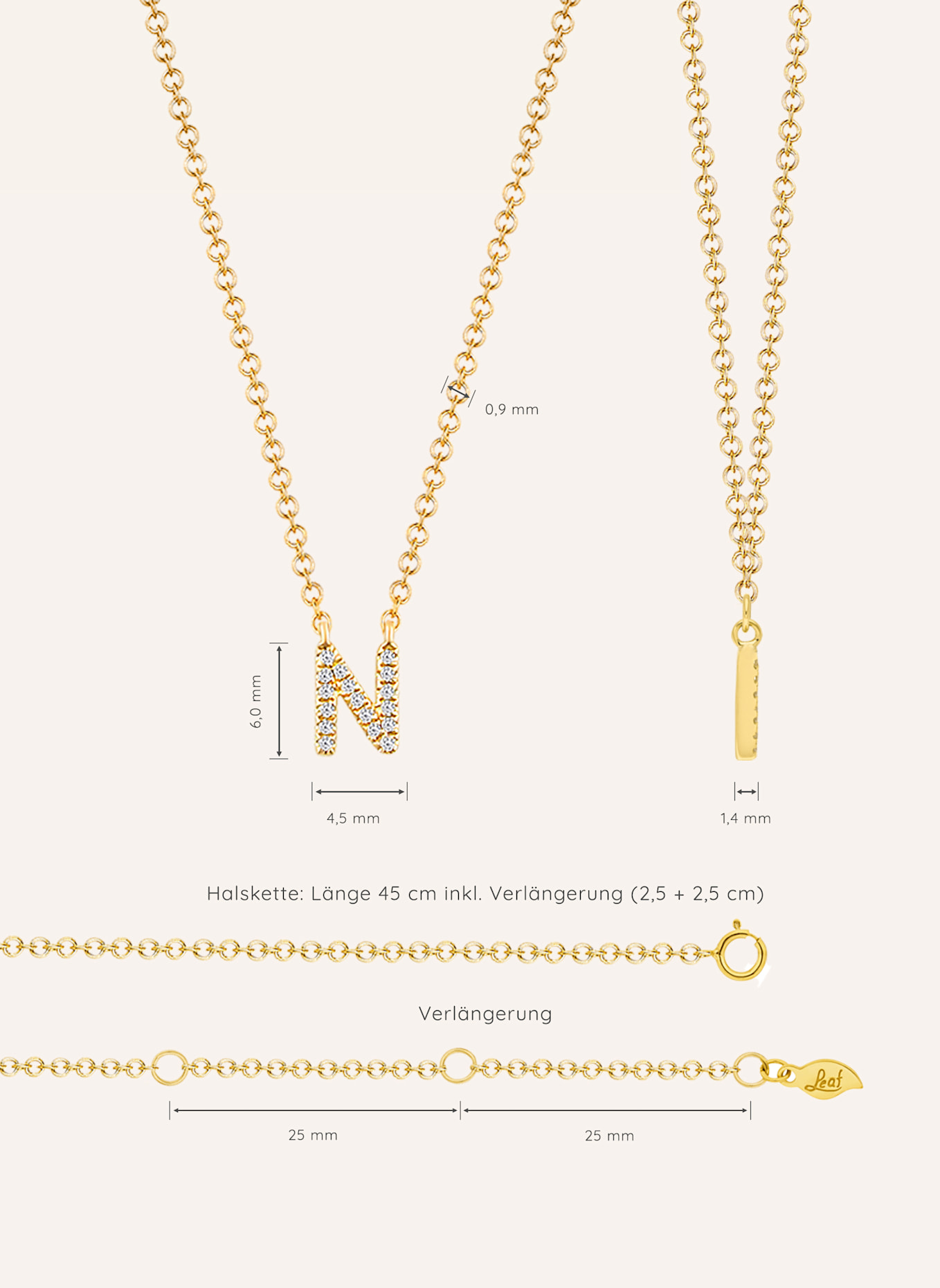 Leaf INITIALIEN Halskette „N“ aus 14 Karat Gelbgold mit Diamanten: GOLD
