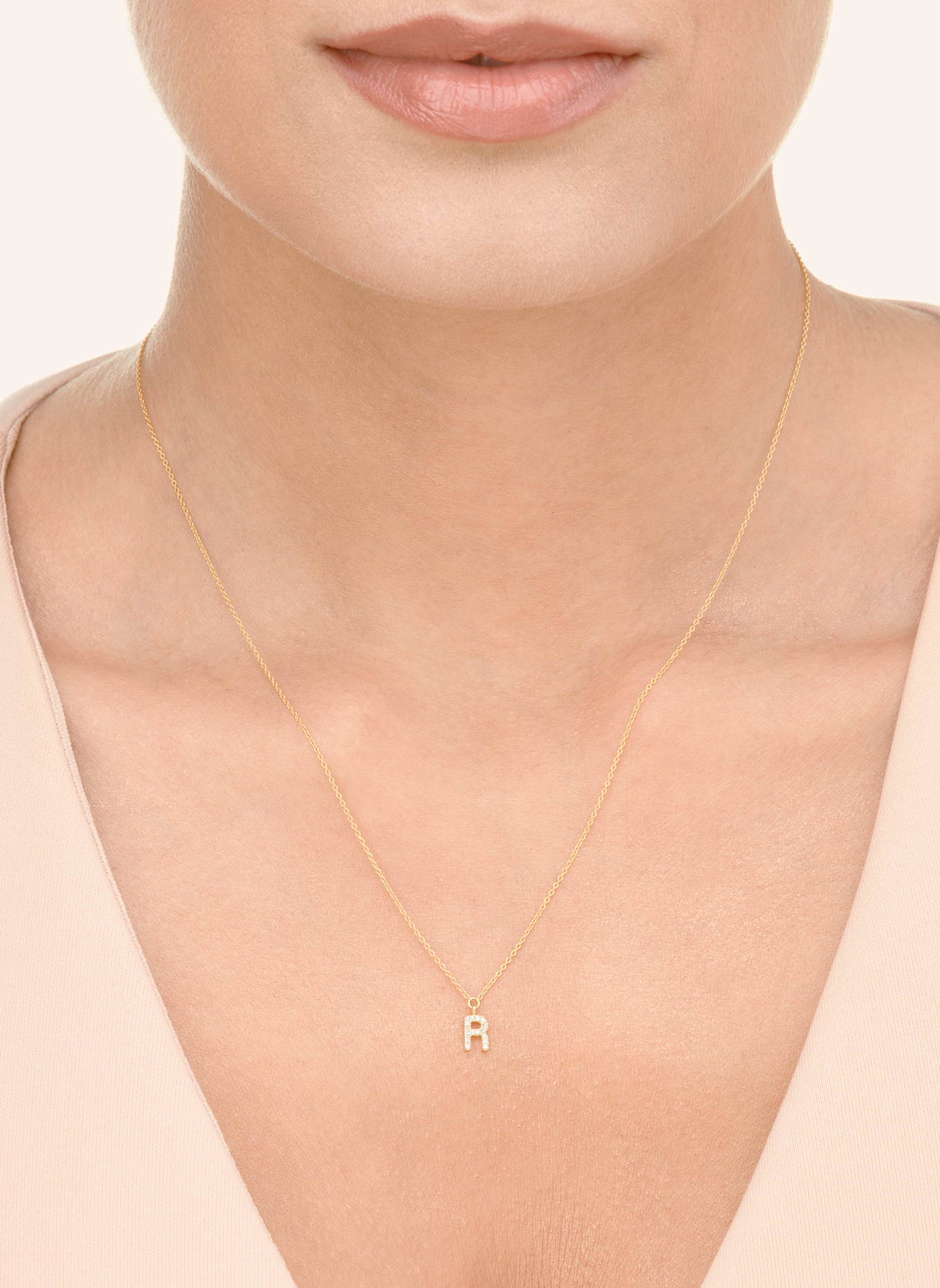 Leaf INITIALIEN Halskette „R“ aus 14 Karat Gelbgold mit Diamanten: GOLD