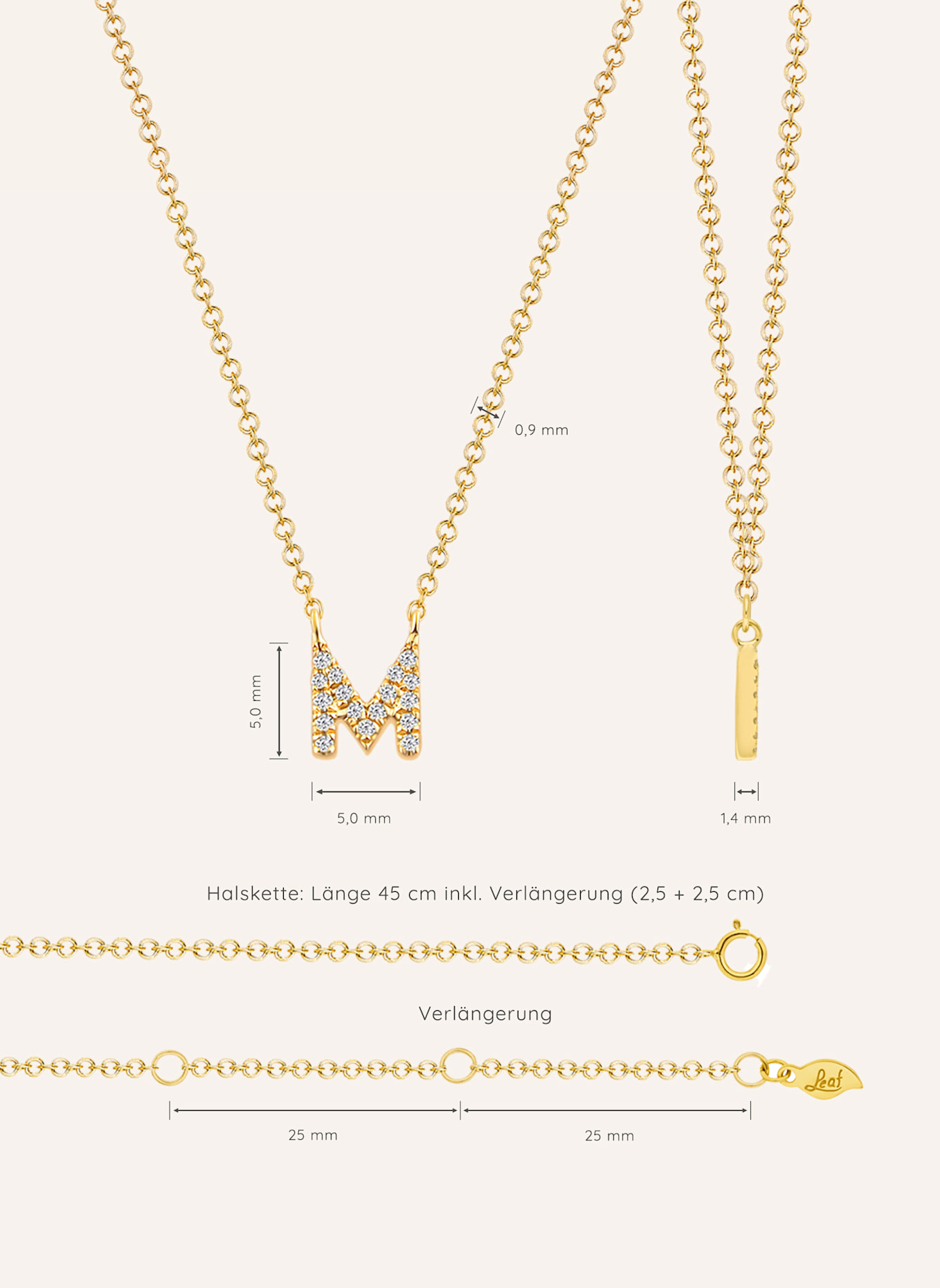 Leaf INITIALIEN Halskette „M“ aus 14 Karat Gelbgold mit Diamanten: GOLD
