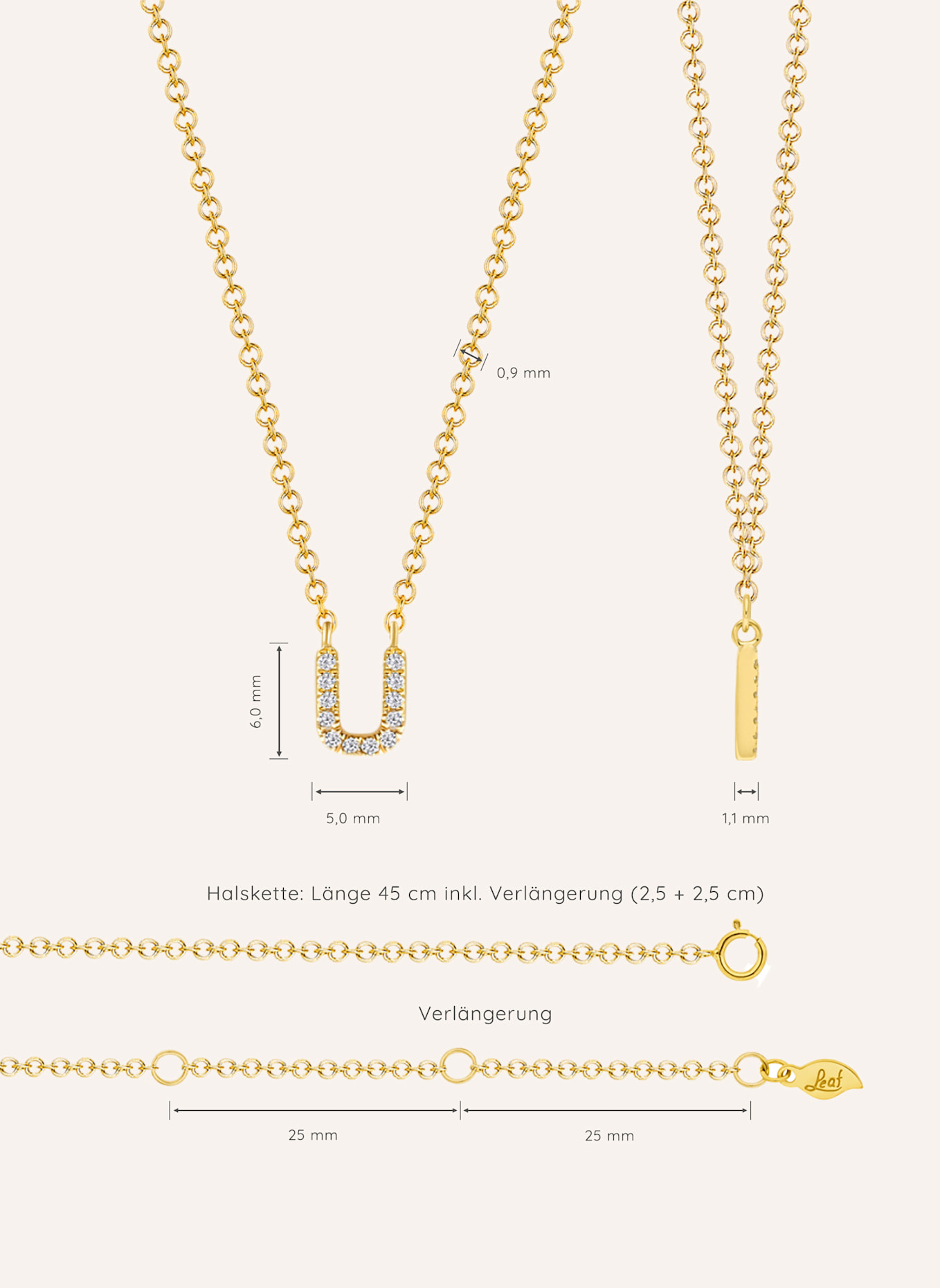 Leaf INITIALIEN Halskette „U“ aus 14 Karat Gelbgold mit Diamanten: GOLD