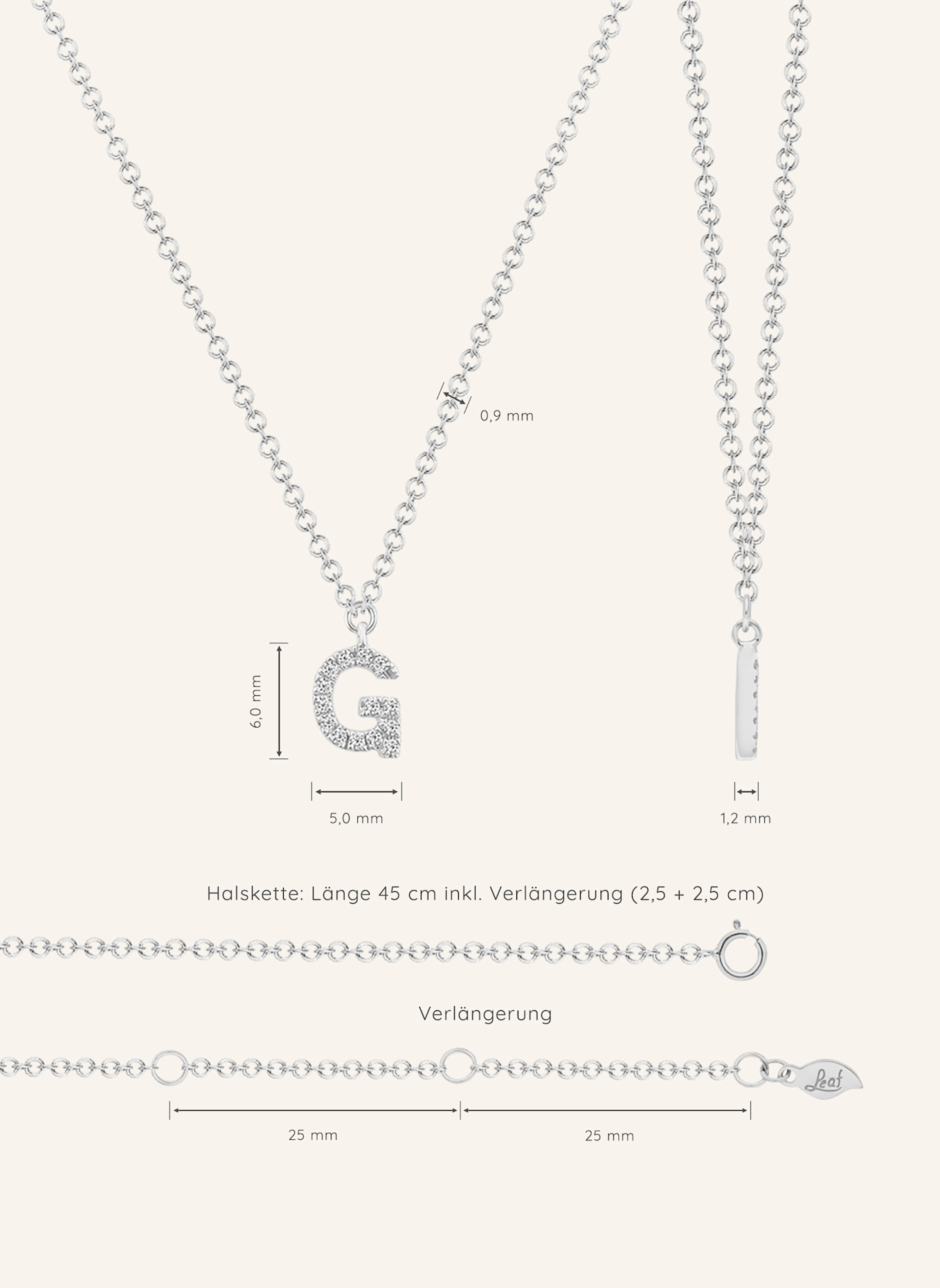 Leaf INITIALIEN Halskette „G“ aus 14 Karat Weißgold mit Diamanten: WEISSGOLD