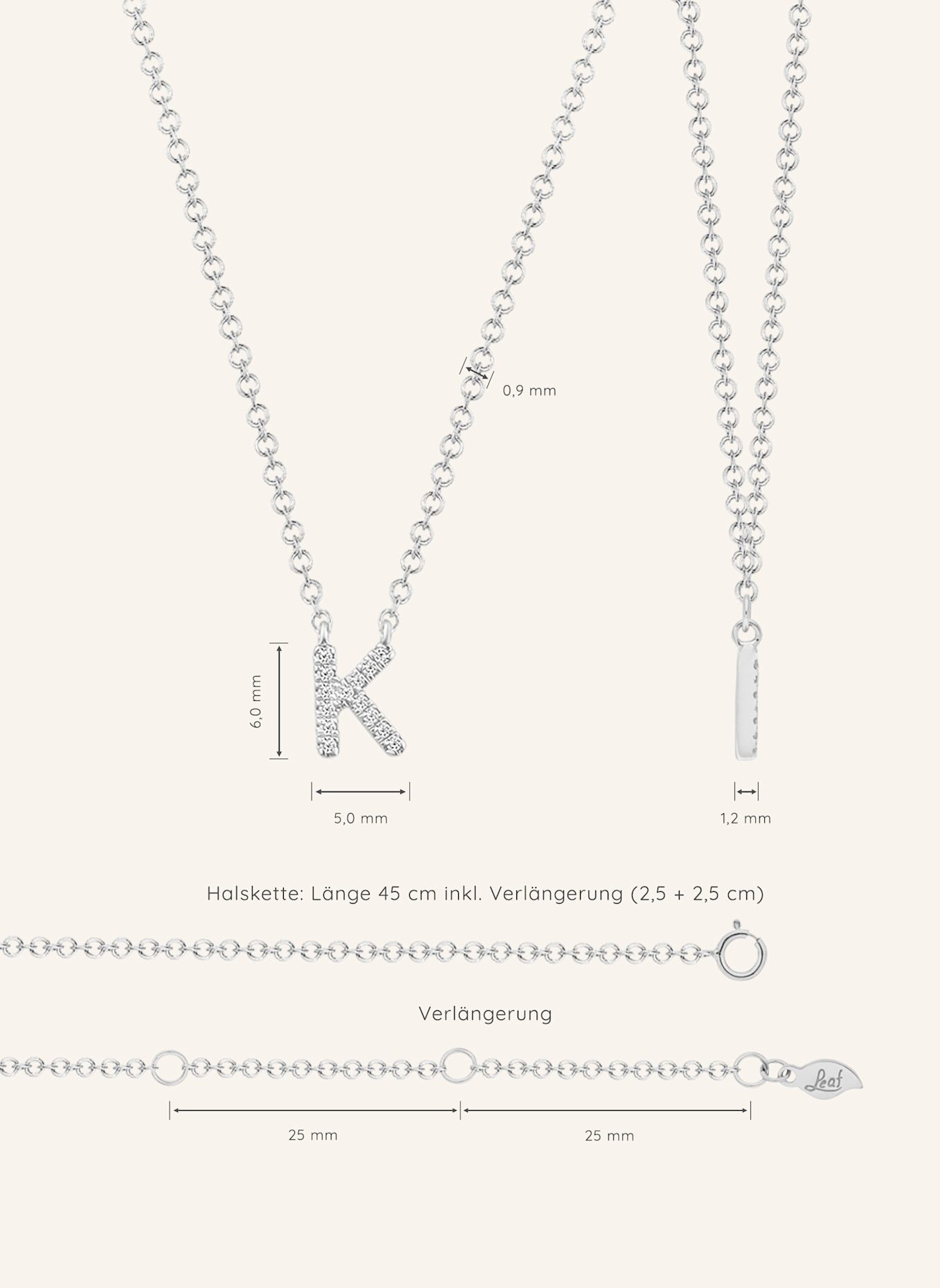 Leaf INITIALIEN Halskette „K“ aus 14 Karat Weißgold mit Diamanten: WEISSGOLD