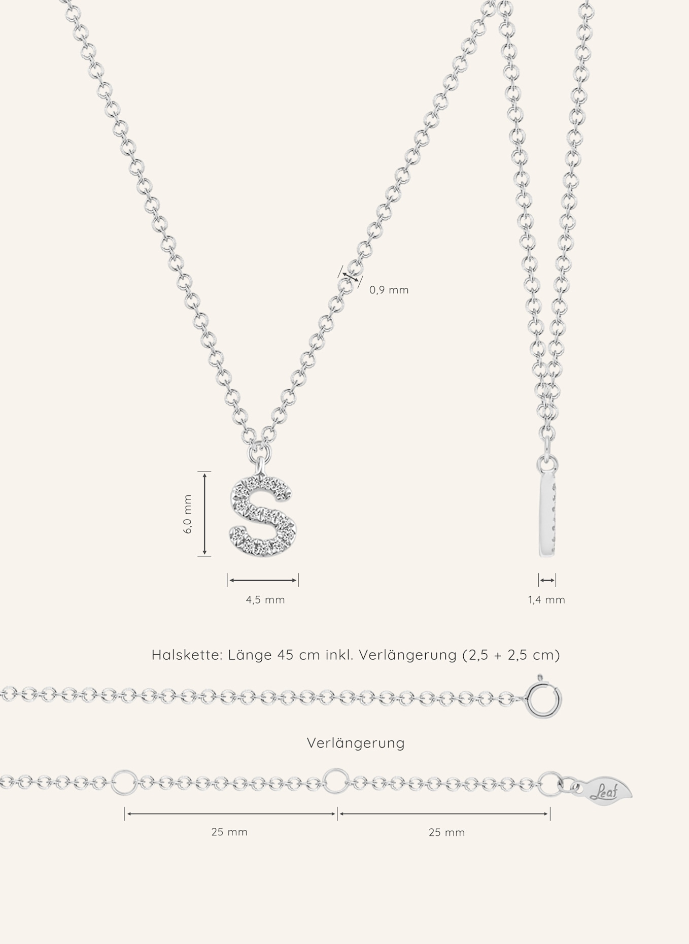 Leaf INITIALIEN Halskette „S“ aus 14 Karat Weißgold mit Diamanten: WEISSGOLD