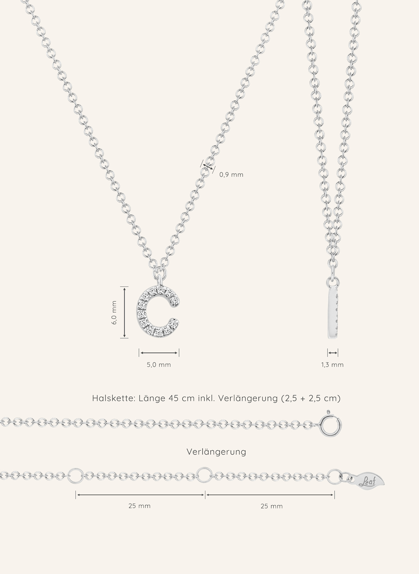 Leaf INITIALIEN Halskette „C“ aus 14 Karat Weißgold mit Diamanten: WEISSGOLD