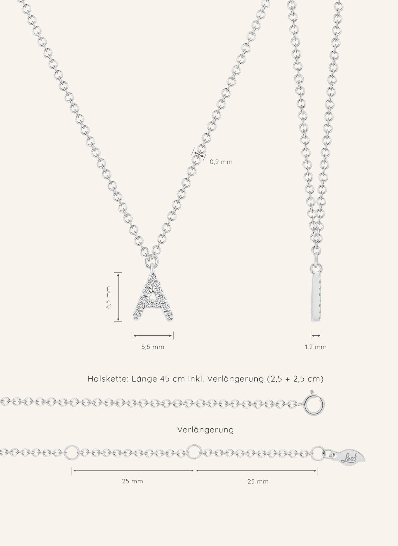 Leaf INITIALIEN Halskette „A“ aus 14 Karat Weißgold mit Diamanten: WEISSGOLD