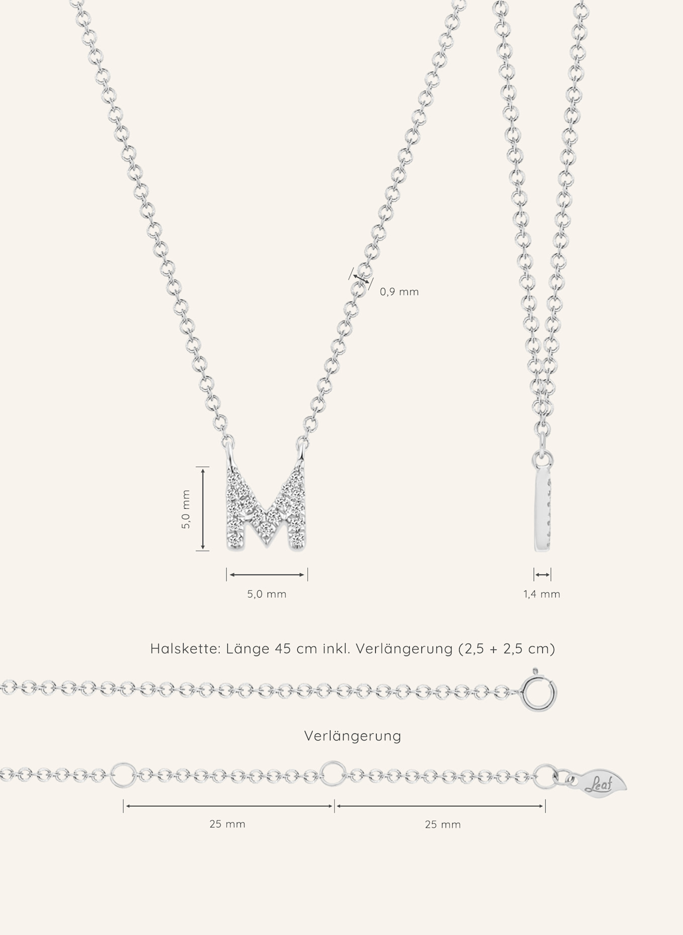 Leaf INITIALIEN Halskette „M“ aus 14 Karat Weißgold mit Diamanten: WEISSGOLD
