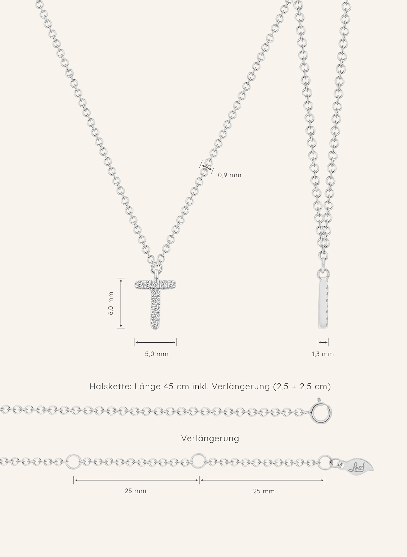 Leaf INITIALIEN Halskette „T“ aus 14 Karat Weißgold mit Diamanten: WEISSGOLD