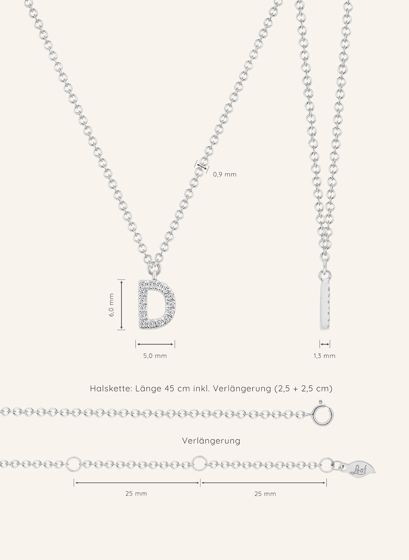 Leaf INITIALIEN Halskette „D“ aus 14 Karat Weißgold mit Diamanten: WEISSGOLD