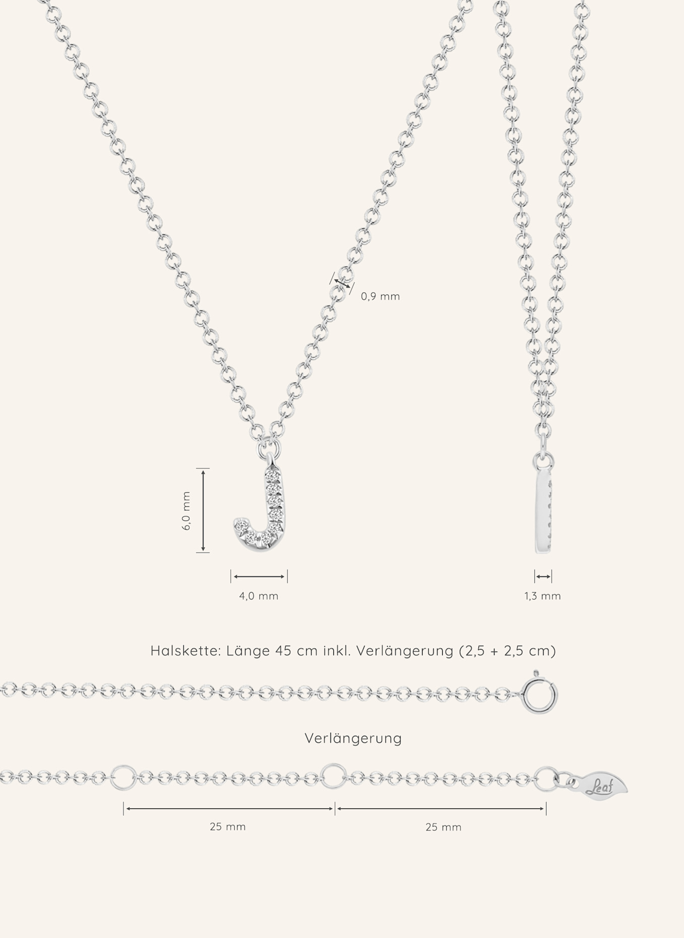 Leaf INITIALIEN Halskette „J“ aus 14 Karat Weißgold mit Diamanten: WEISSGOLD