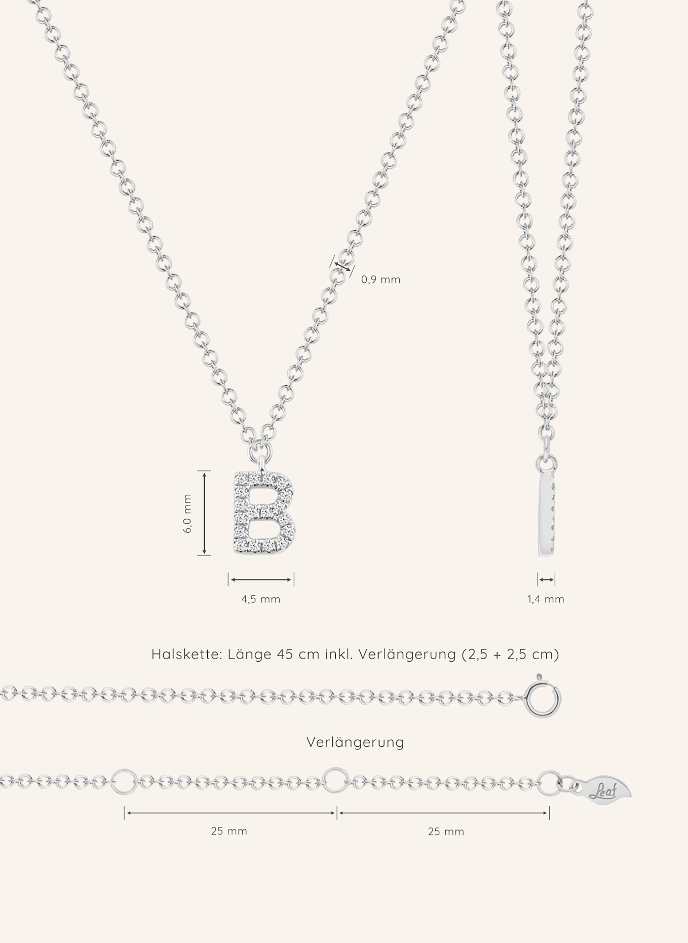 Leaf INITIALIEN Halskette „B“ aus 14 Karat Weißgold mit Diamanten: WEISSGOLD