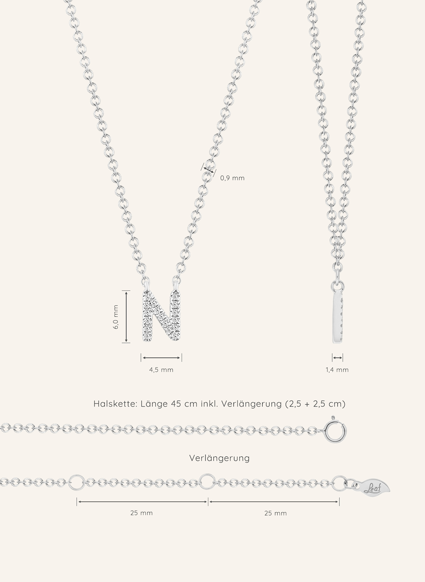 Leaf INITIALIEN Halskette „N“ aus 14 Karat Weißgold mit Diamanten: WEISSGOLD