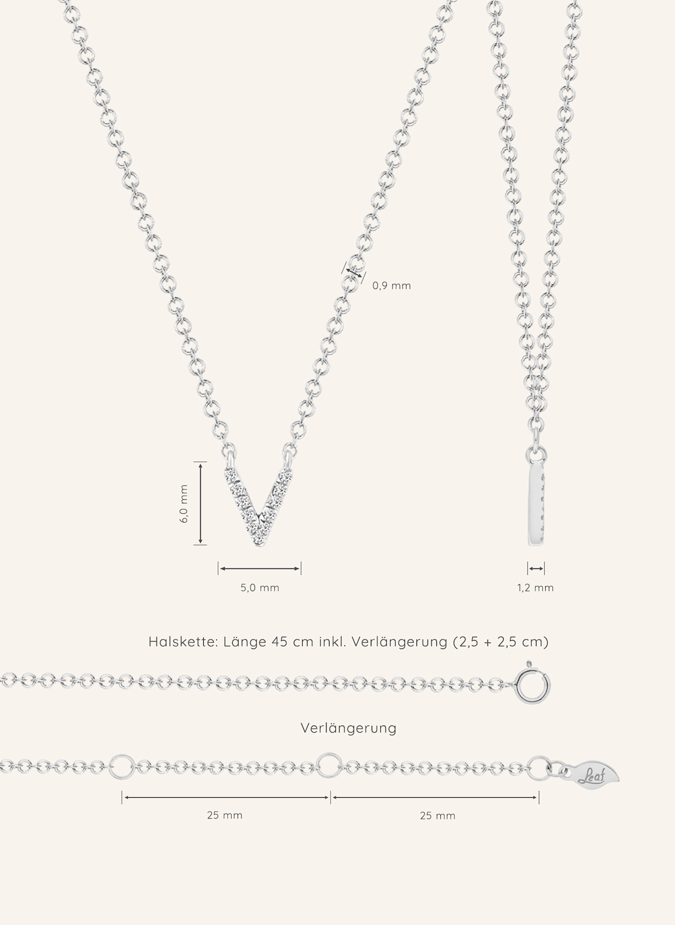 Leaf INITIALIEN Halskette „V“ aus 14 Karat Weißgold mit Diamanten: WEISSGOLD