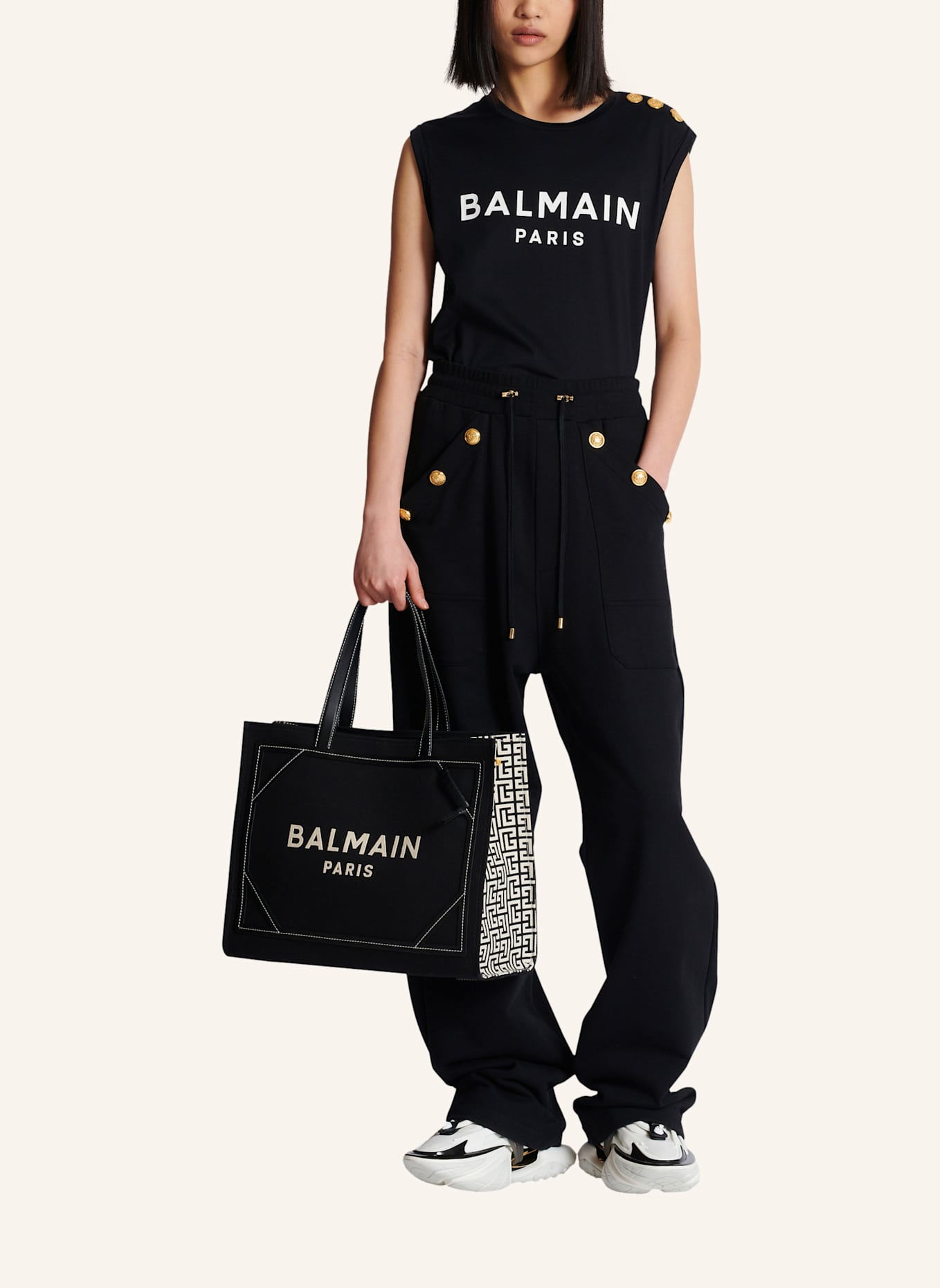 BALMAIN Shopper B-Army 42 aus Monogramm-Canvas und Glattleder: SCHWARZ