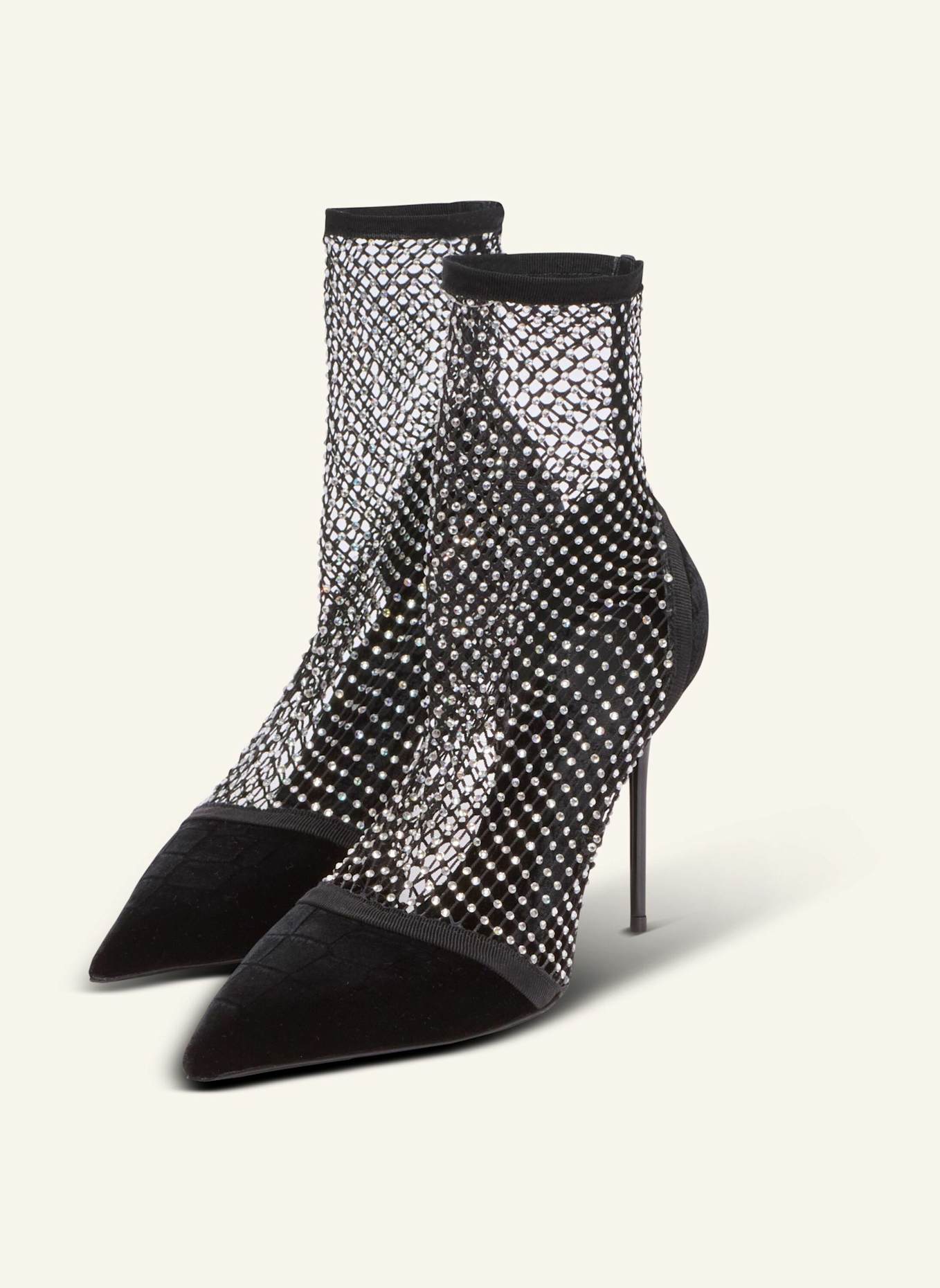 BALMAIN Netz-Stiefeletten mit Absatz, Velours und Strass: SCHWARZ