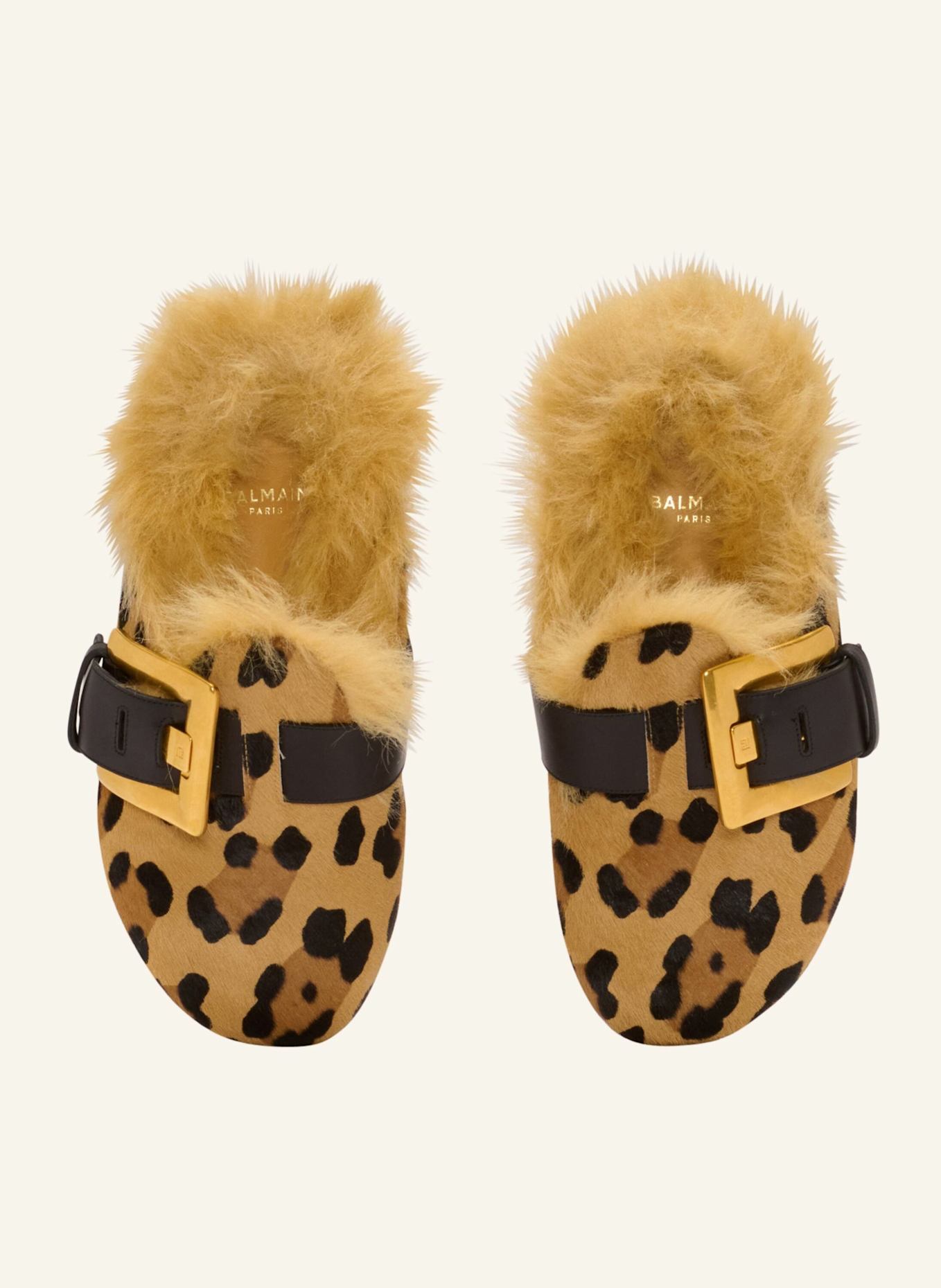 BALMAIN Anthem Pantoletten aus „Pony“-Leder mit Leopardenmuster und Kunstpelz: BRAUN