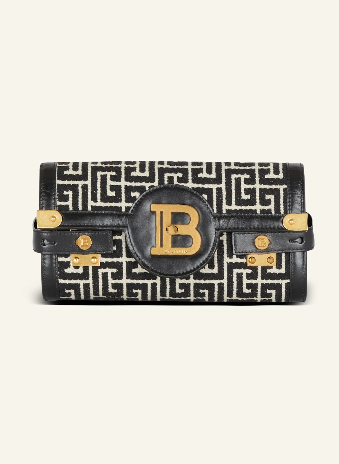 BALMAIN B-Buzz Pouch 23 aus Jacquard-Canvas mit Monogramm-Muster und Leder: SCHWARZ
