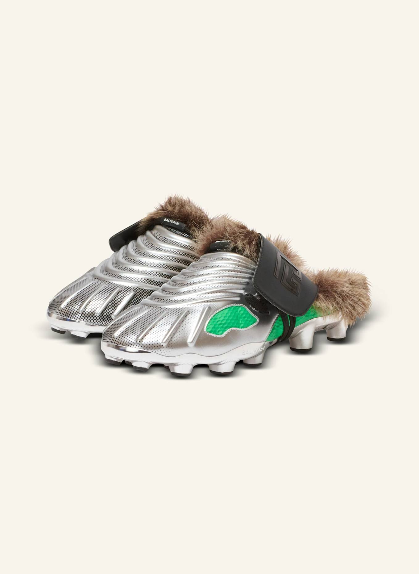 BALMAIN Pelzgefütterte Pantoletten Half Time aus technischen Materialien: GRÜN