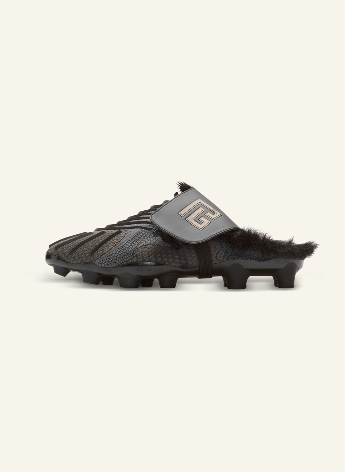 BALMAIN Pelzgefütterte Pantoletten Half Time aus technischen Materialien: SCHWARZ