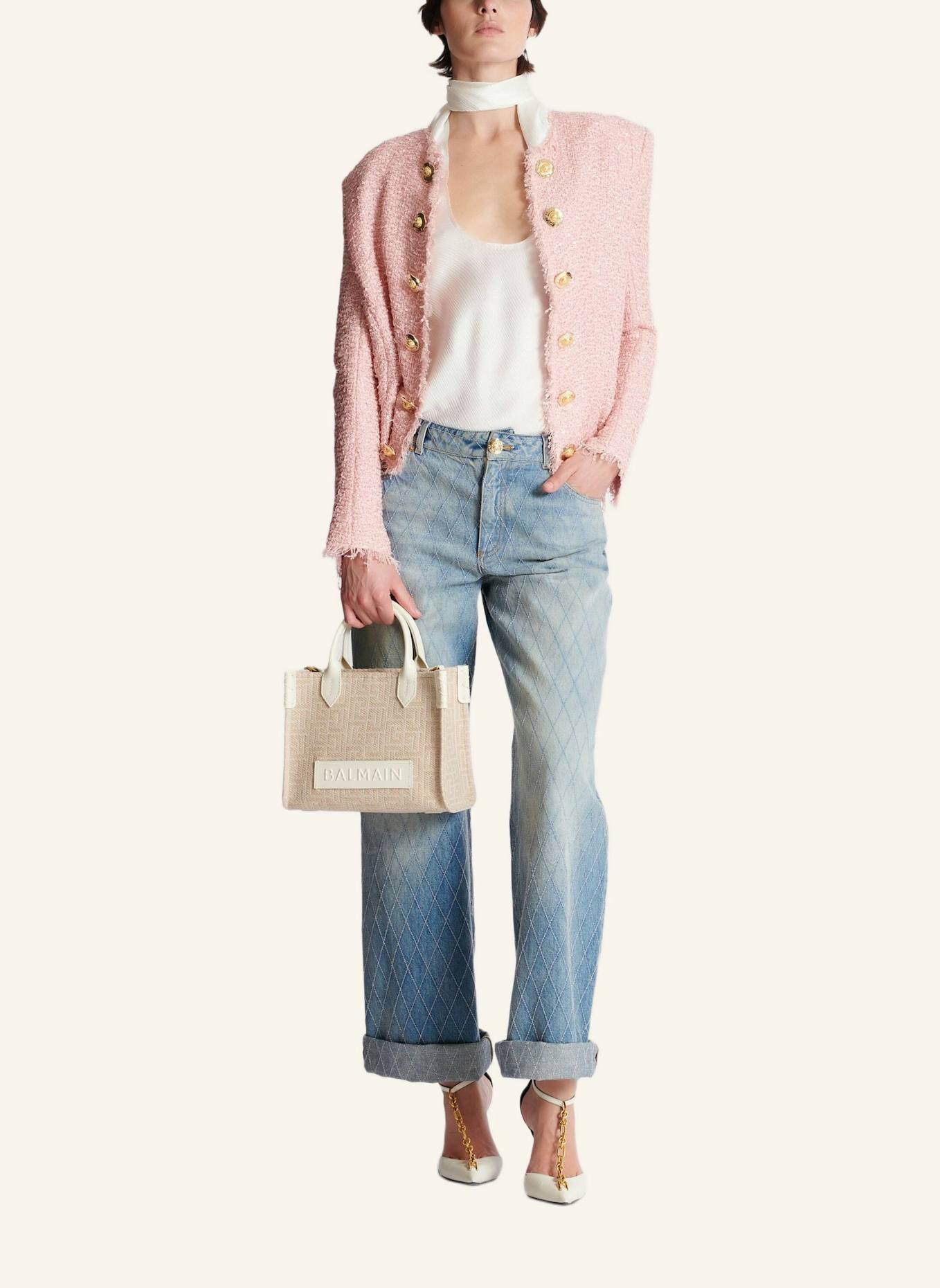 BALMAIN Kleiner Shopper B-Army aus Canvas mit Monogramm-Muster und Leder: BEIGE