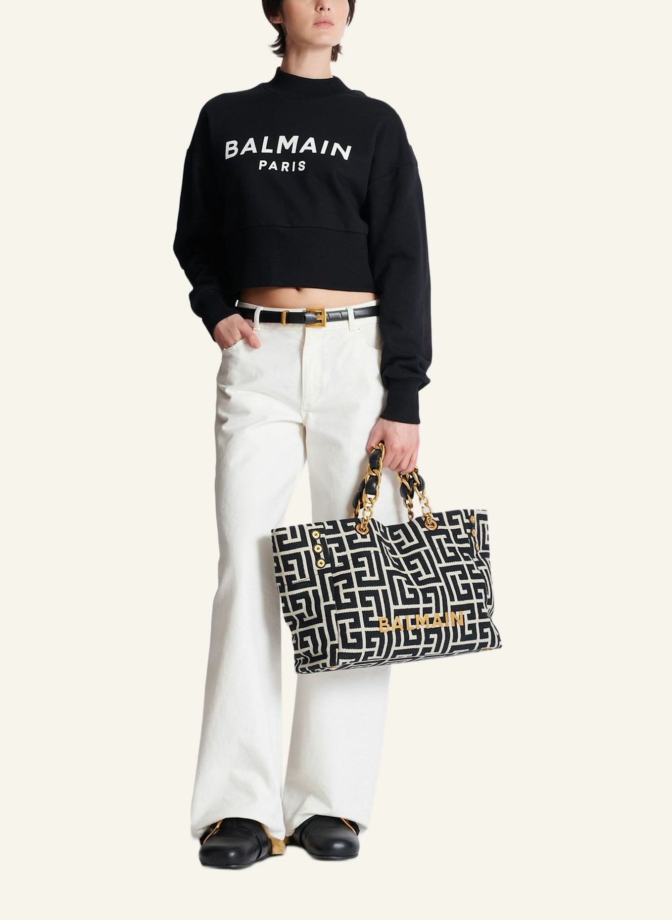 BALMAIN Shopper 1945 Soft aus Jacquard-Canvas mit PB-Monogramm: SCHWARZ
