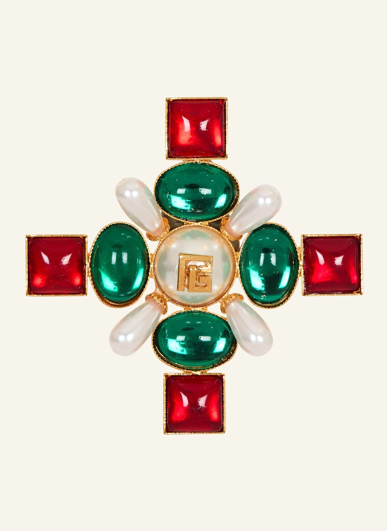 BALMAIN Barocke Brosche mit Perlen und Kristallen: DUNKELGRÜN