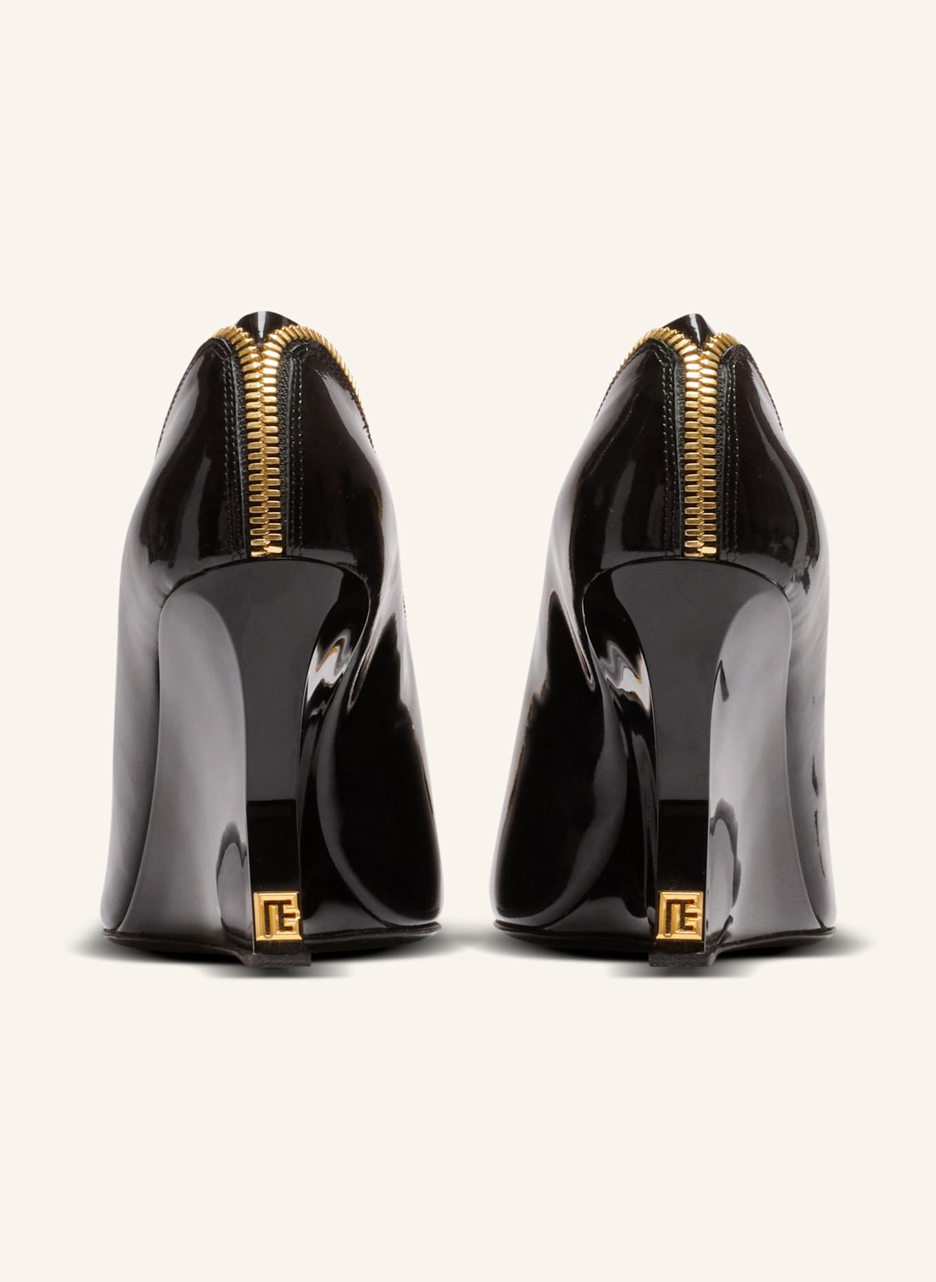 BALMAIN Pumps mit Reißverschluss und Keilabsatz aus Lackleder: SCHWARZ