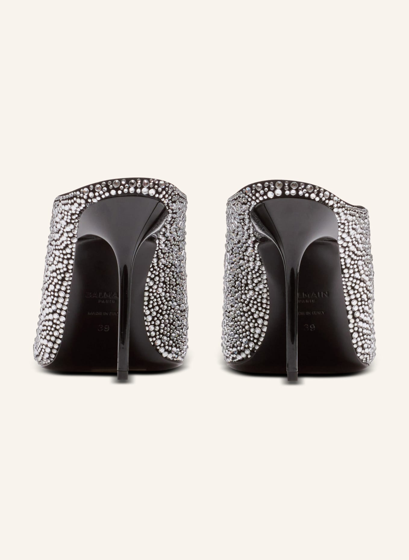 BALMAIN Pantoletten aus Strass und Wildleder mit Piercing vorne: SILBER