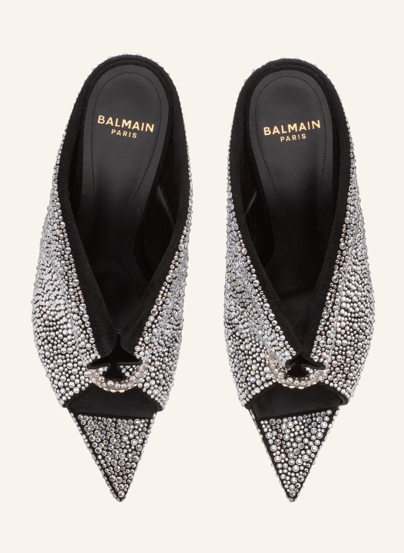 BALMAIN Pantoletten aus Strass und Wildleder mit Piercing vorne: SILBER