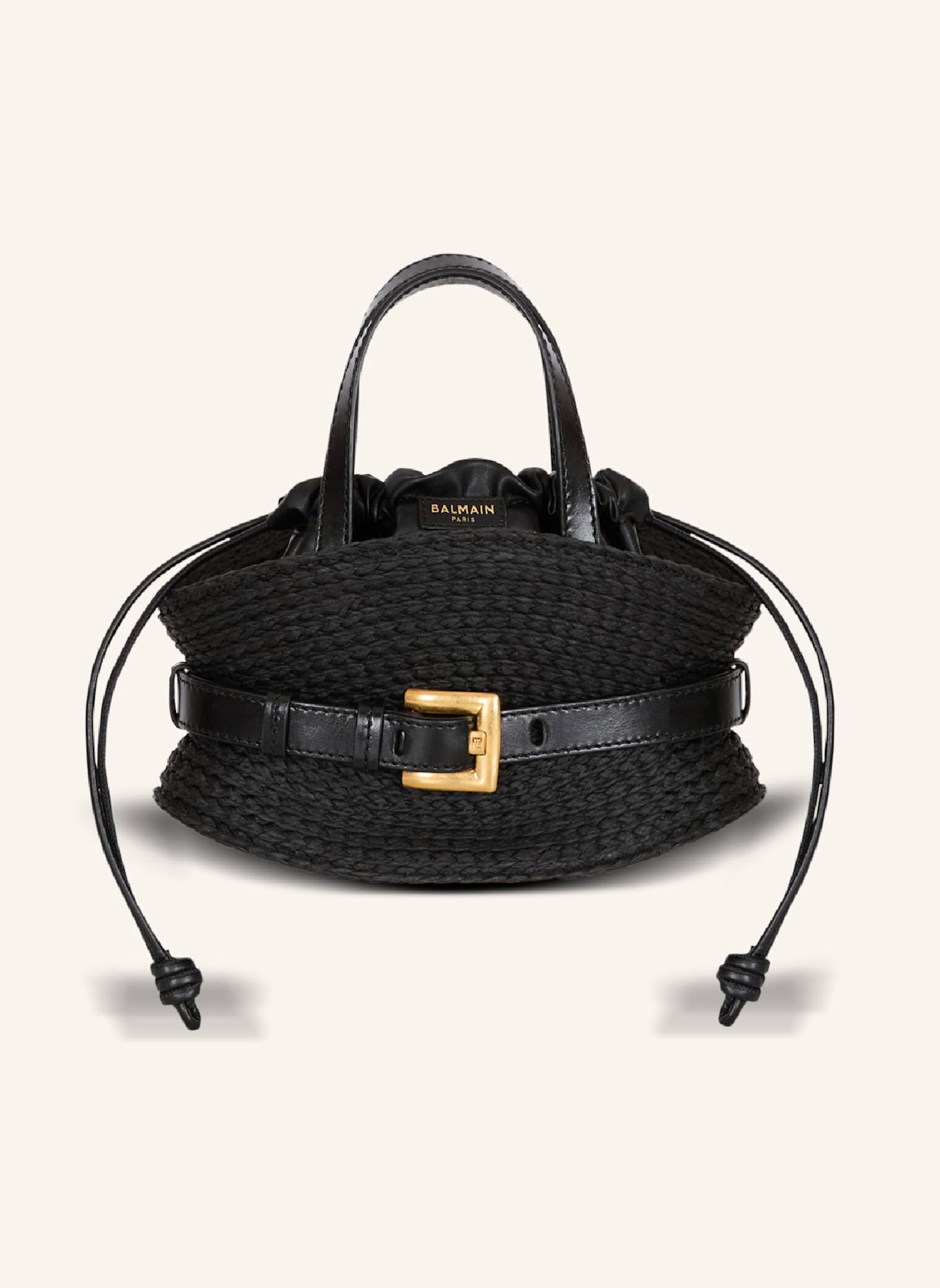 BALMAIN Minitasche Shuffle aus Kalbsleder und Raffiabast: SCHWARZ