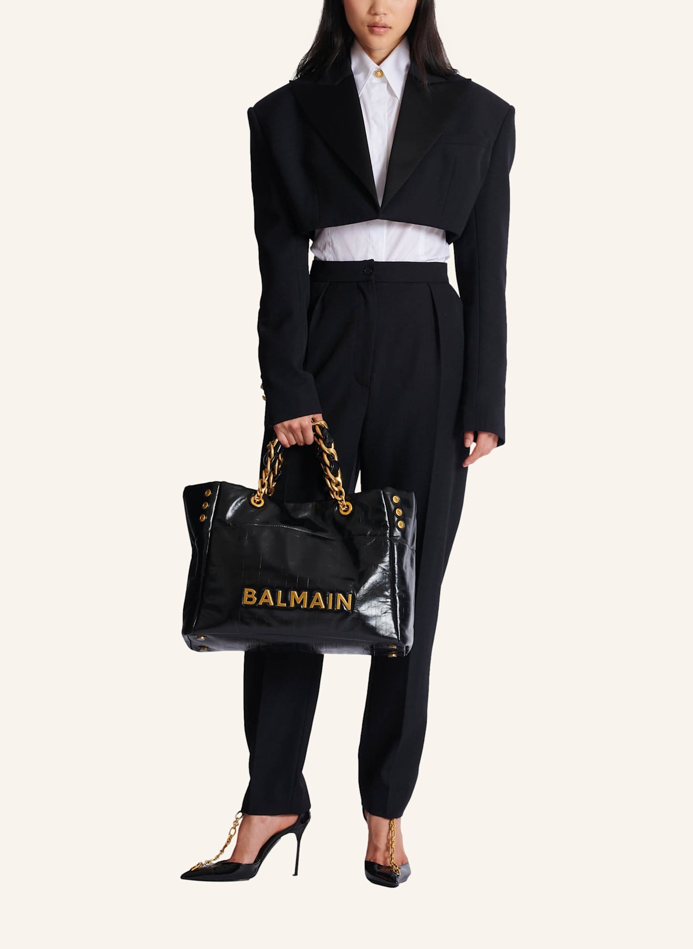 BALMAIN Shopper 1945 Soft aus Craquelé-Leder: SCHWARZ
