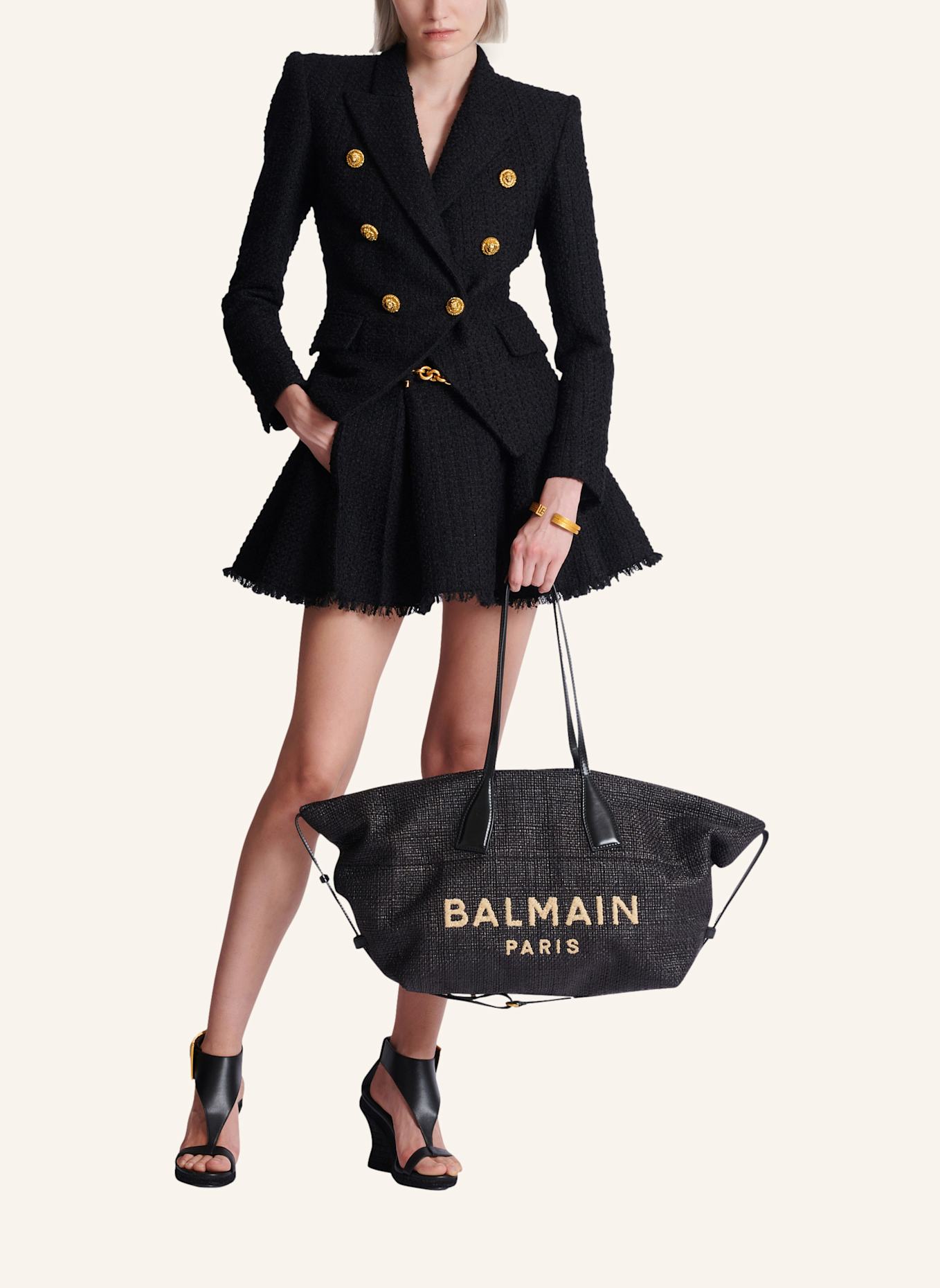 BALMAIN Shopper Track aus Kalbsleder und Raffiabast: SCHWARZ