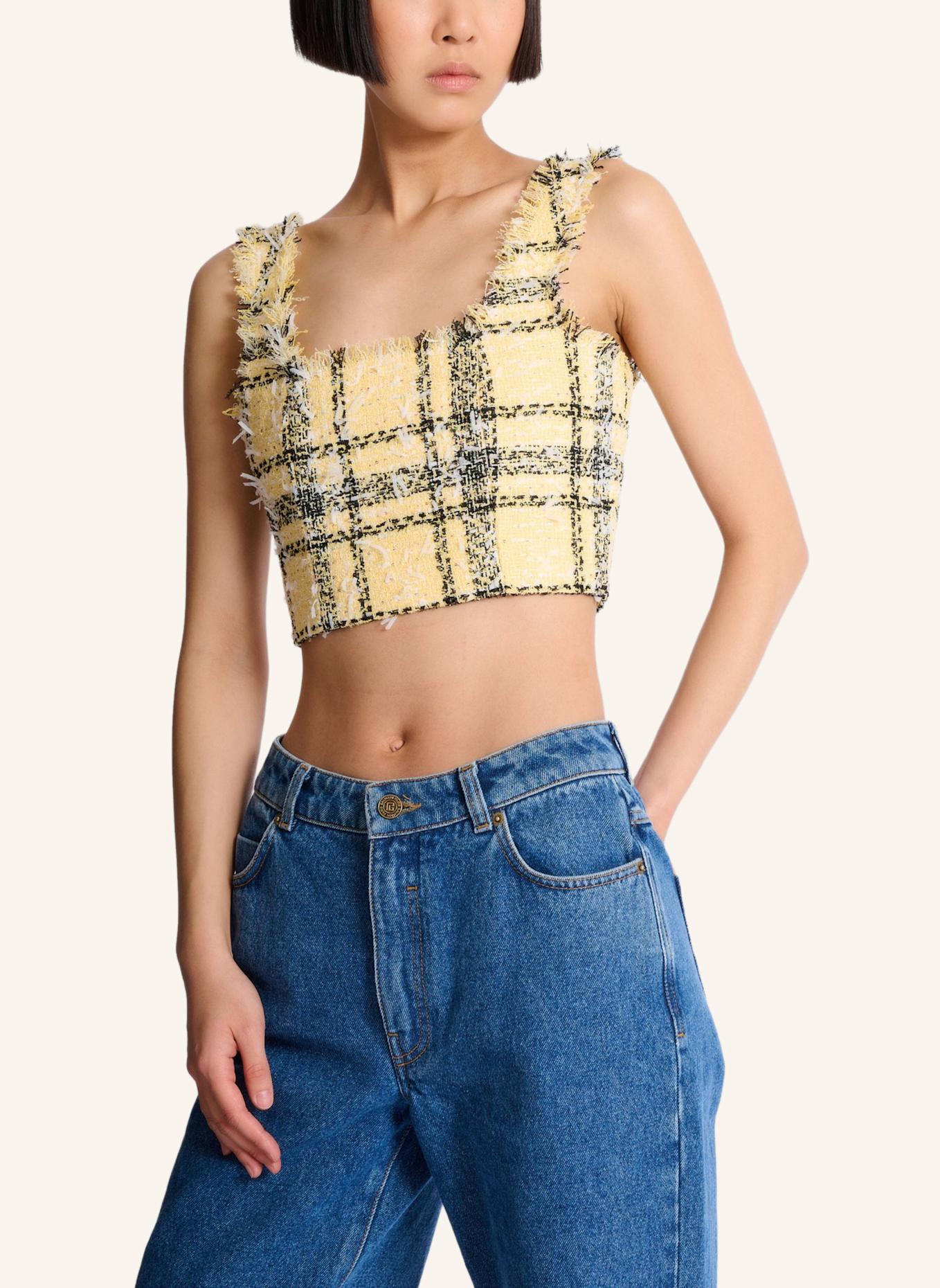 BALMAIN Kurzes Top aus Tweed mit Tartanmuster und Pailletten: GELB
