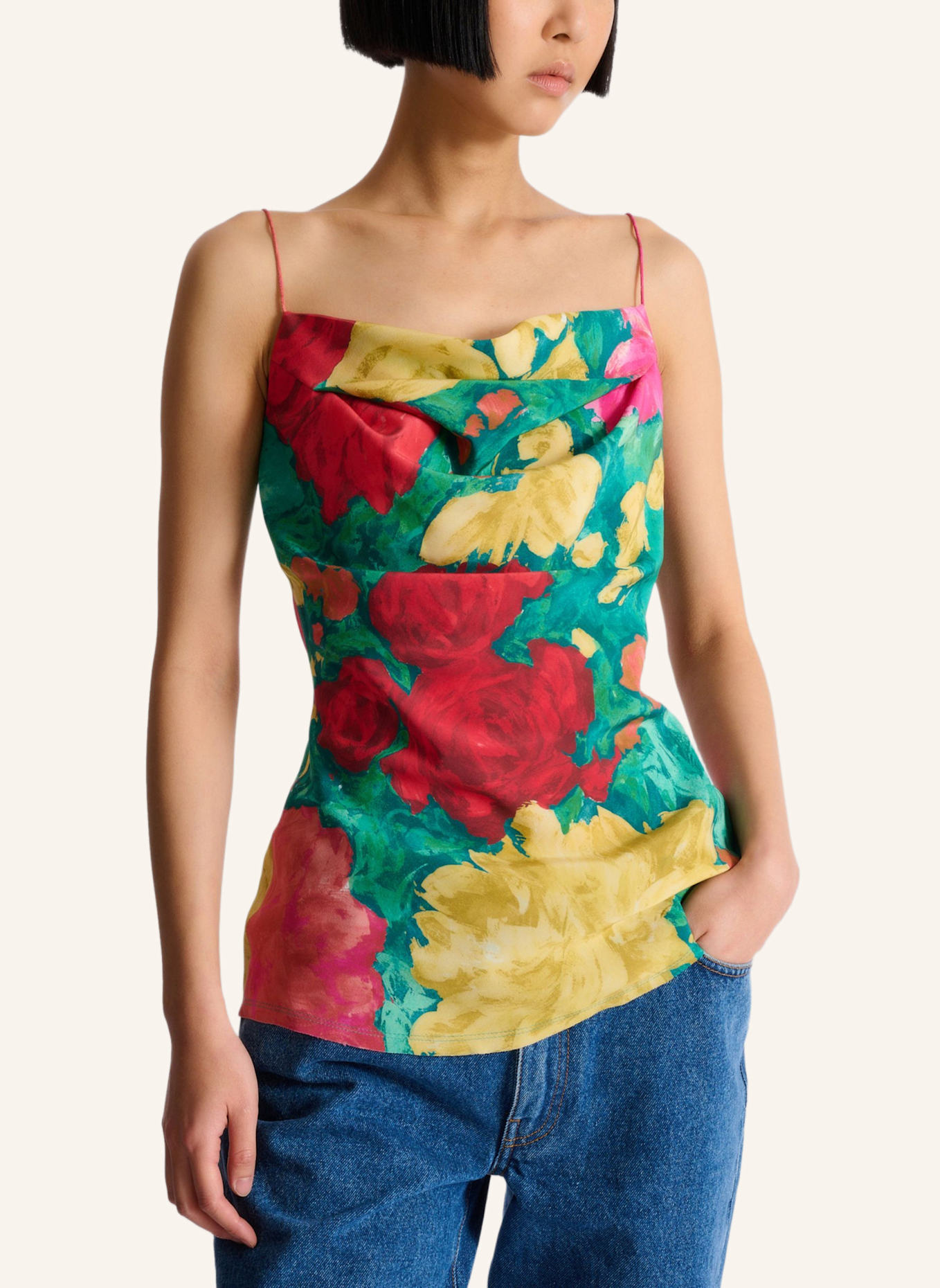 BALMAIN Top mit Spaghettiträgern und Print aus Crêpe-de-Chine: NUDE